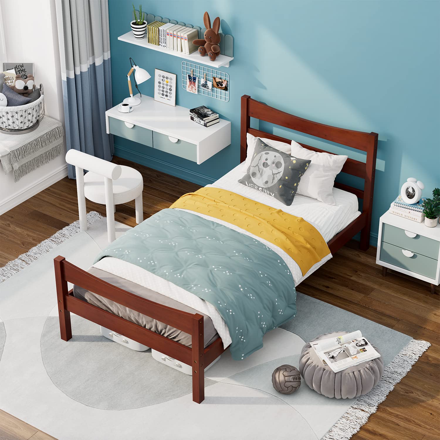 NAFORT Twin Size Wood Bed Frame with Headboard & Footboard - Solid Pine Platform Bed for Kids, No Box Spring Needed - Walnut Finish | Perfect for Boys & Girls Bedrooms, Dorm Rooms & Guest Rooms