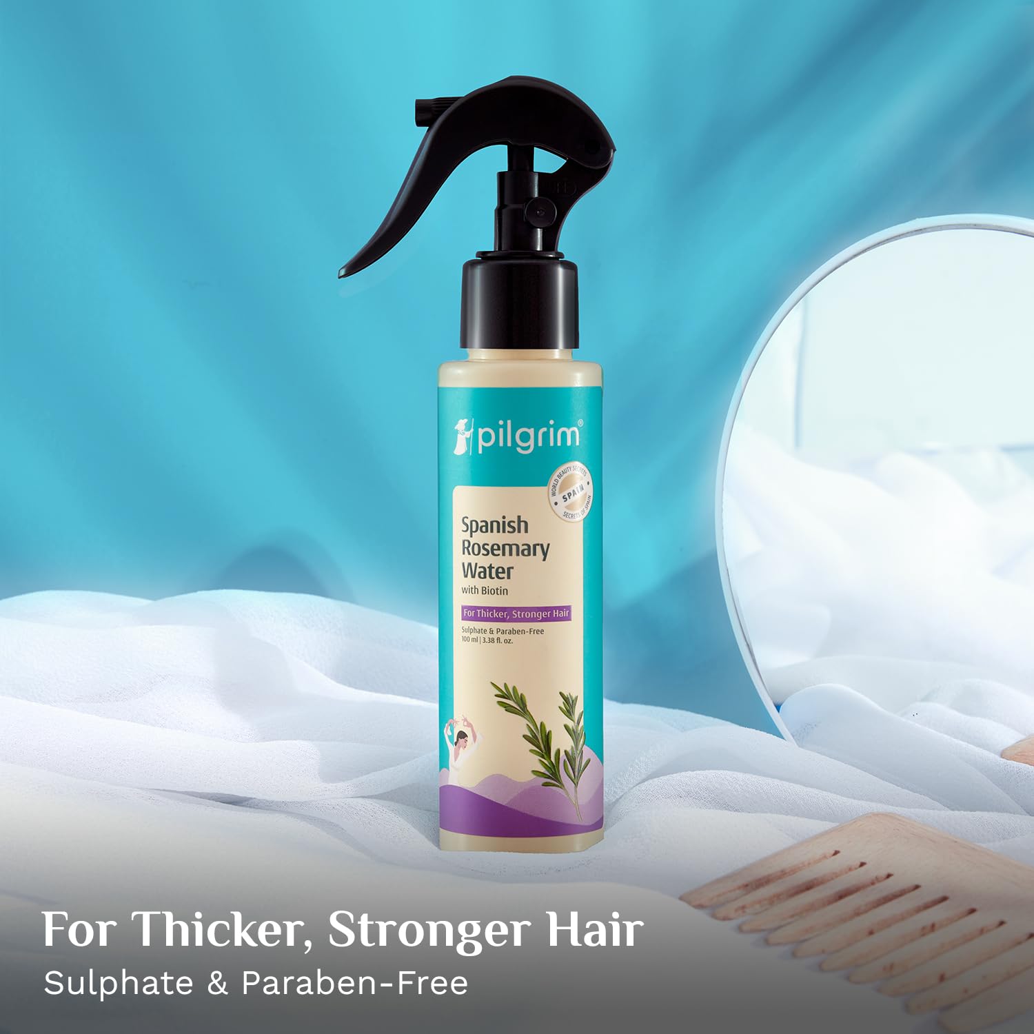 Pilgrim Spanish Rosemary Water Spray with Biotin for Hair Growth - 100ml Natural Hair Spray for Regrowth, Thicker & Stronger Hair - Sulfate & Paraben Free | Perfect for Daily Hair Care, Scalp Hydration & Styling