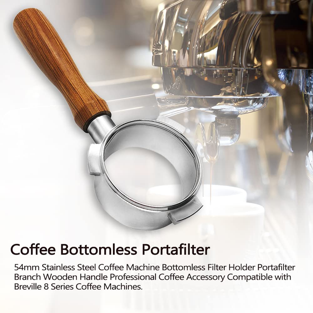 54mm Stainless Steel Portafilter with Wooden Handle - Compatible with Breville 8 Series Coffee Machines for Professional Brewing