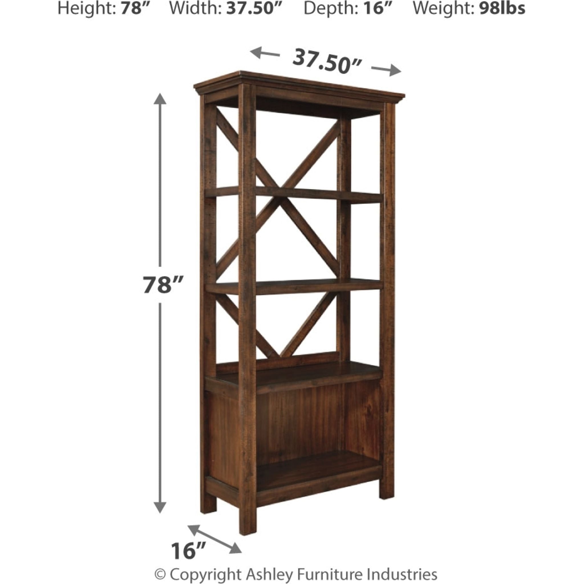Baldridge Large Rustic Brown Bookcase - Solid Wood Bookshelf for Living Room, Office & Home Library Storage