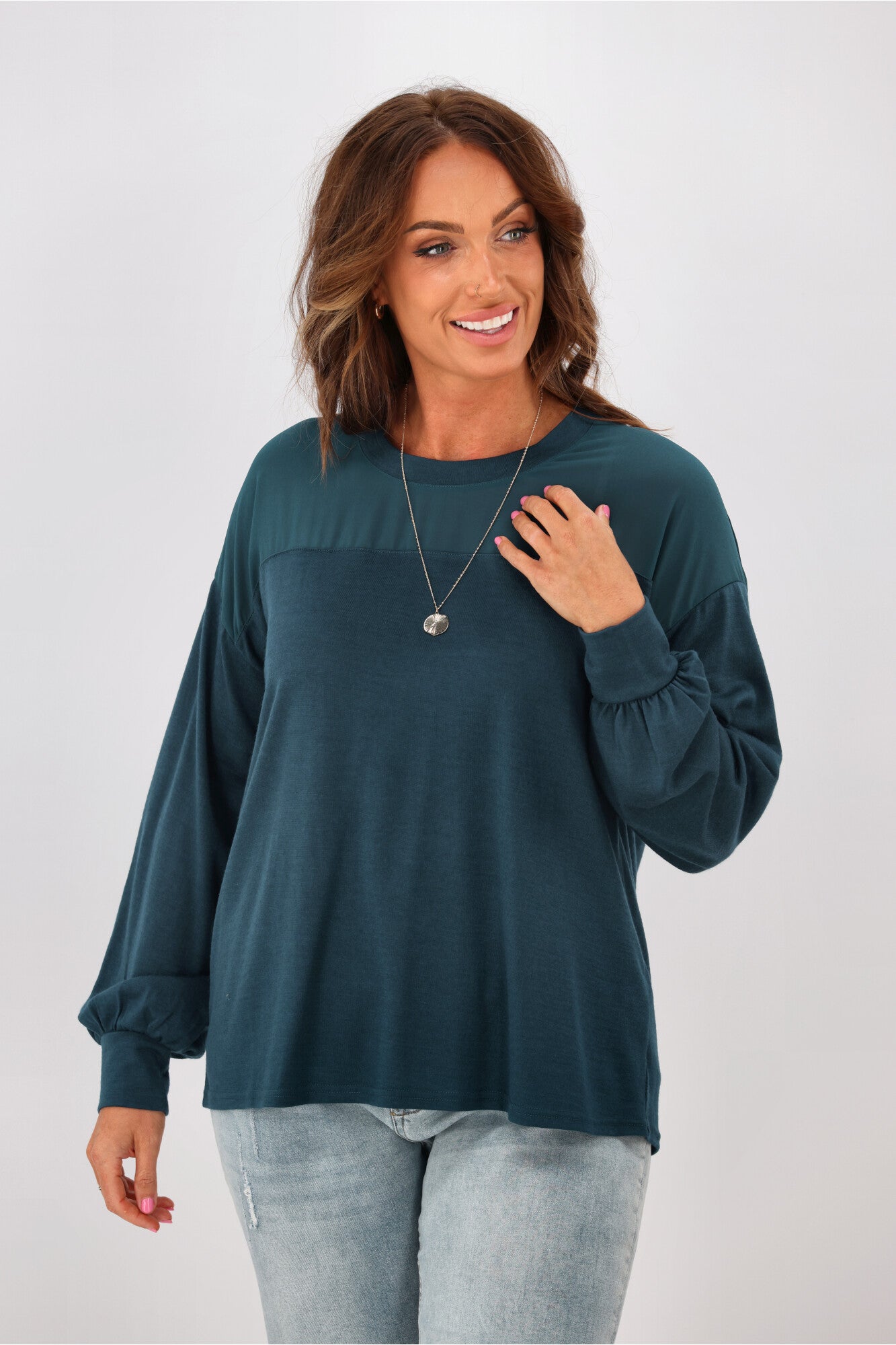 Alpine by Shine On Fleur Chiffon Yoke Merino Wool Top in Teal - Elegant Layering Piece for Work & Date Nights