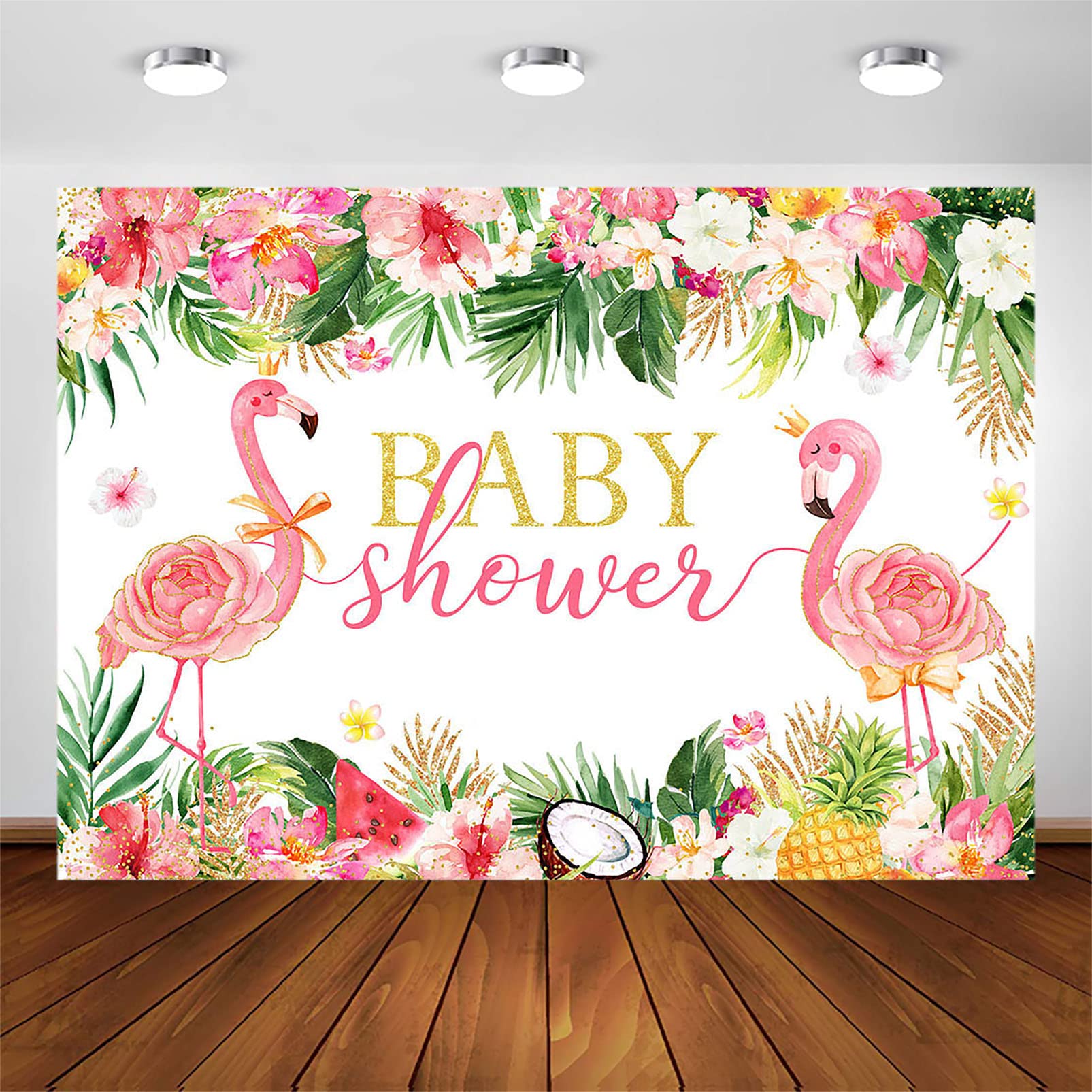 Flamingo Baby Shower Backdrop - 8x6ft Tropical Photography Background with Palm Leaves in Blush Pink & Gold for Girls Summer Party Decor - Perfect for Baby Shower Photoshoots, Gender Reveals & Tropical Themed Celebrations