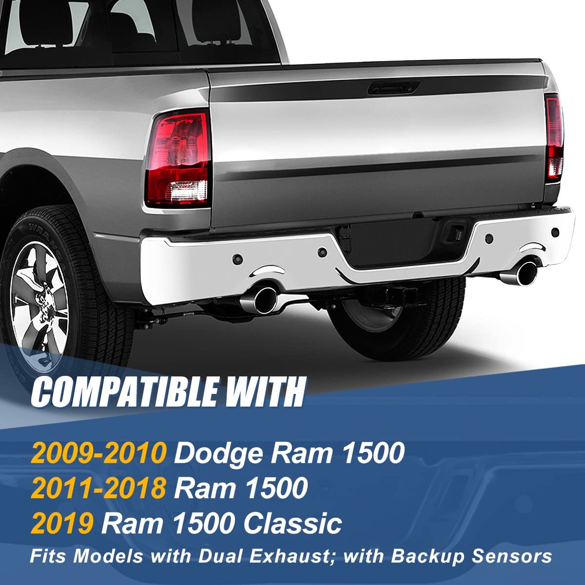 Auto Dynasty Rear Bumper Step Pad for 2009-2019 Dodge Ram 1500 - Chrome Protector Cover with License Plate Lights, Parking Sensor Holes & Dual Exhaust Cutouts (CH1103119) - Perfect for Truck Protection & Off-Road Adventures