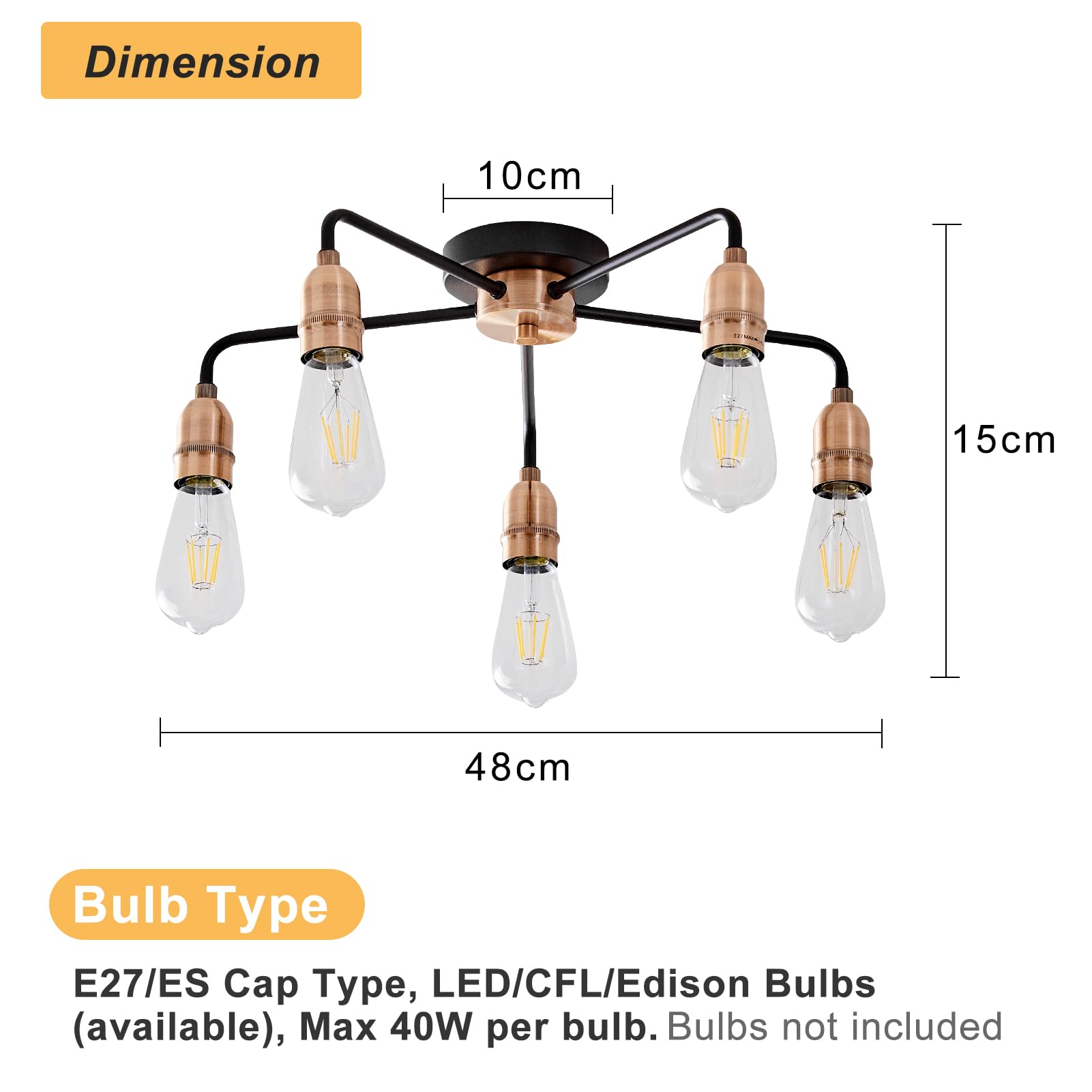 HARPER LIVING E27/ES Semi-Flush Ceiling Light Fixture - Black with Matte Silver Finish, LED Compatible for Energy Saving - Perfect for Living Room, Bedroom, Kitchen, Hallway, Hotel & B&B Lighting - 5-Light Modern Ceiling Lamp for Home & Commercial Spaces (Black & Copper)