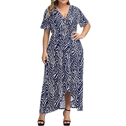 **Plus Size Women's Floral V-Neck Short Sleeve A-Line Dress – Empire Waist Long Dress for Evening Party & Casual Wear**