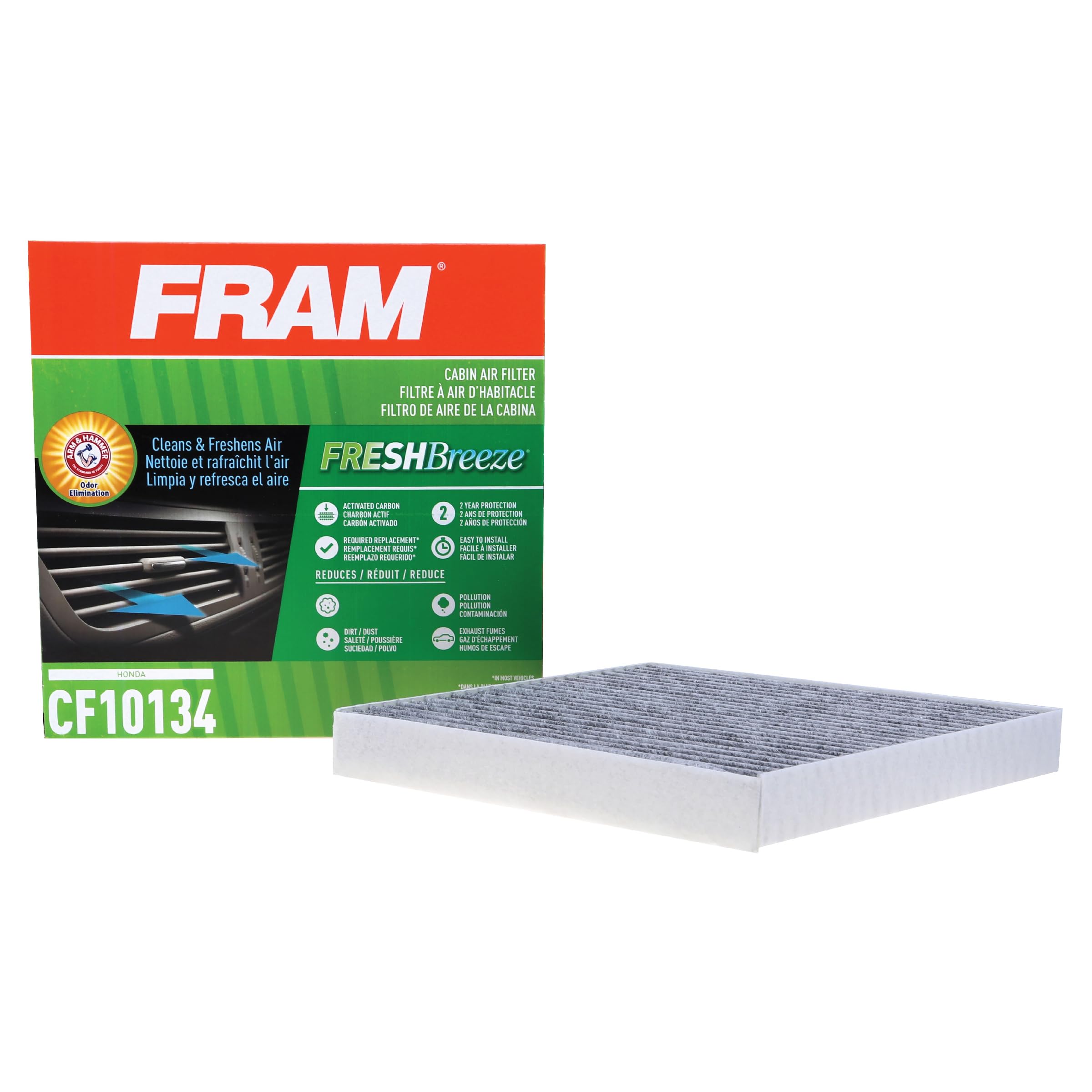 FRAM Fresh Breeze Cabin Air Filter with Baking Soda - CF10134 Replacement for Honda Civic, Accord, CR-V, Odyssey | Easy Installation | Odor Elimination & Allergen Reduction | Perfect for Allergy Season & City Driving