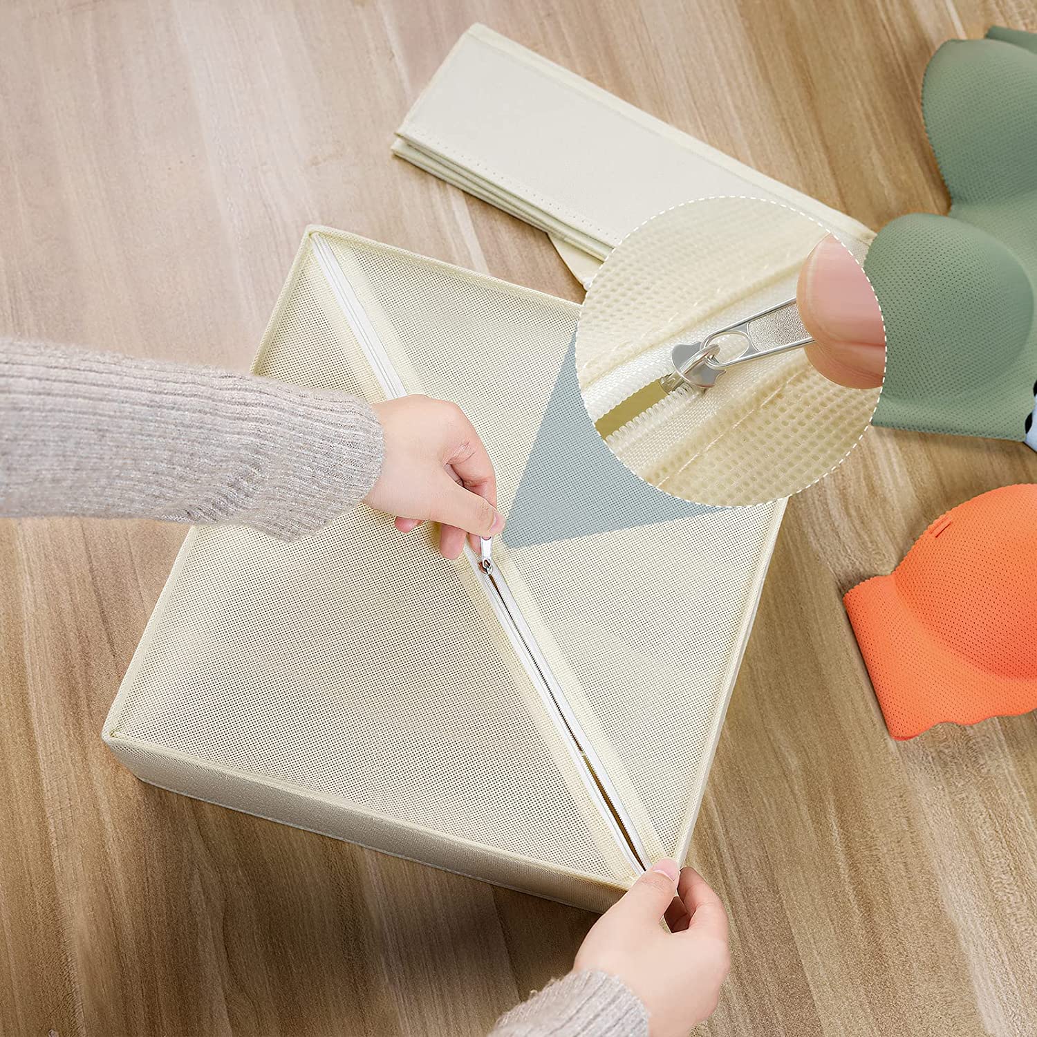 DIMJ 2-Pack Underwear & Bra Organizer Storage Box - Fabric Drawer Divider for Closet, Bras (A-C Cup), Beige | Perfect for Travel, Home & Office Organization