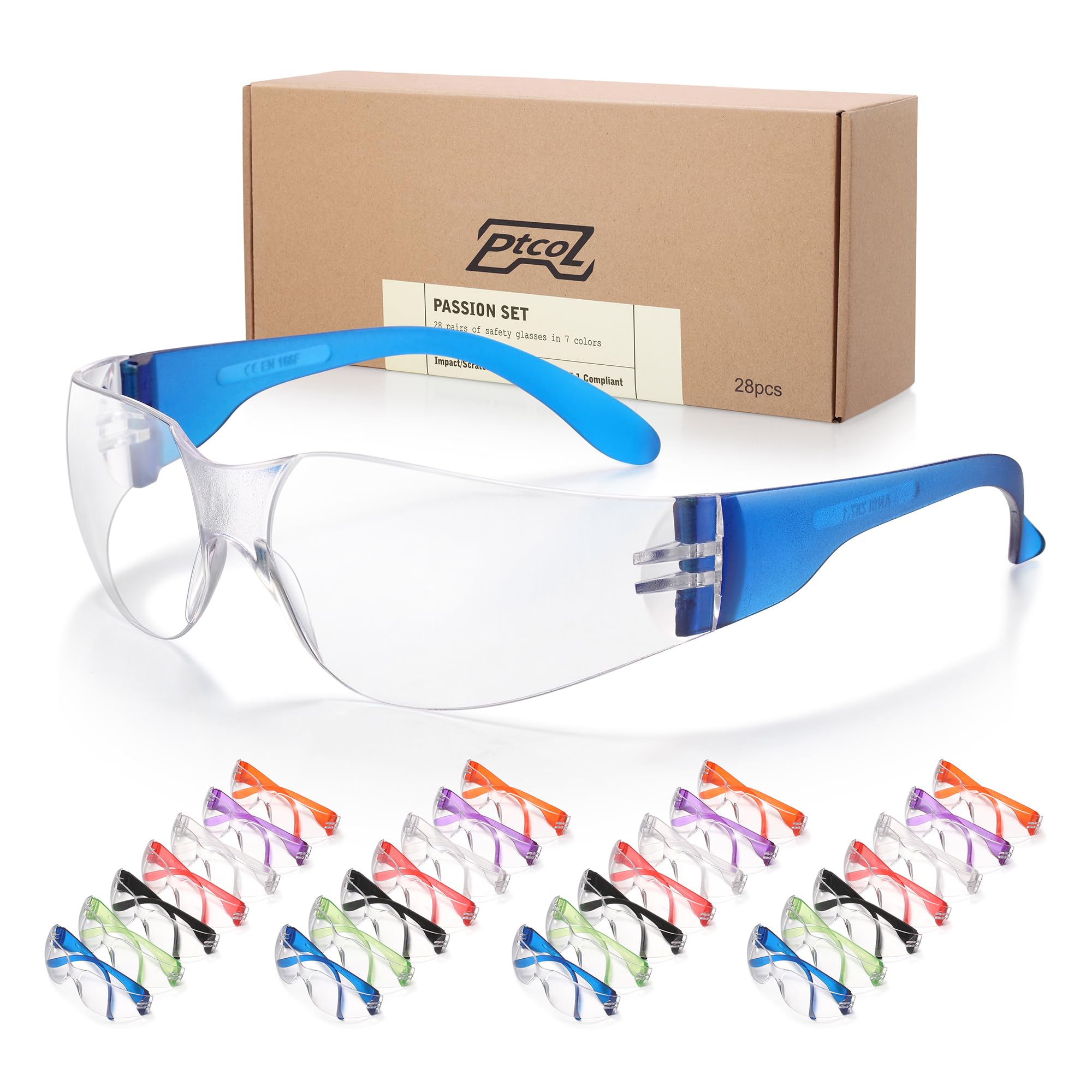 28 Pack Safety Glasses - 7 Color Options, Unisex Protective Goggles with Anti-Scratch & Impact Resistant Lenses (ANSI Z87.1 & EN166 Certified) - Bulk Pack of 24+4 for Construction, Shooting, Laboratory, Woodworking & DIY Projects