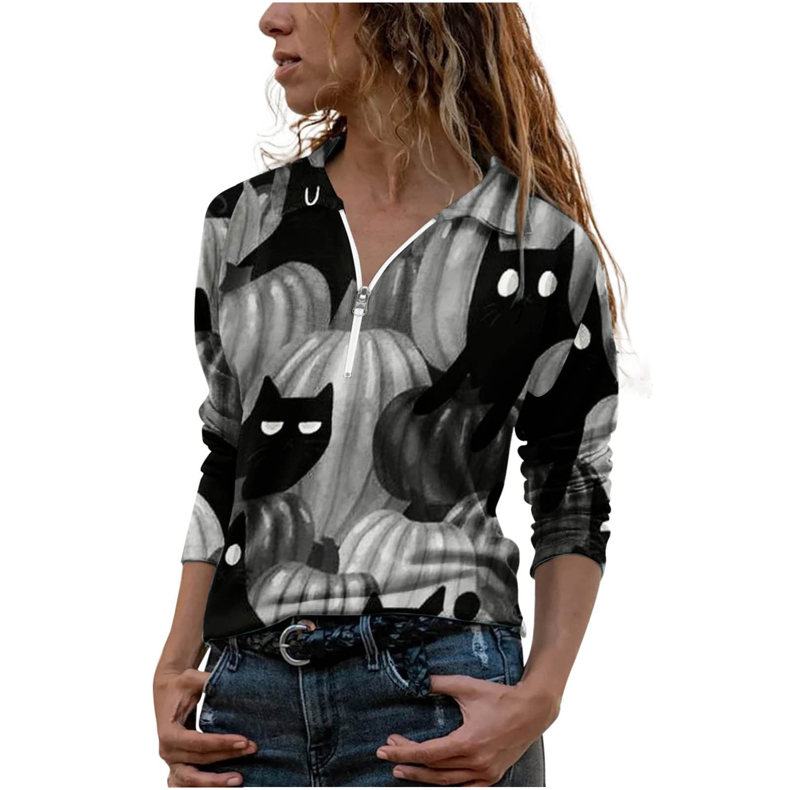 Women's V-Neck Zipper Henley T-Shirt - Black Cat Print Long Sleeve Ribbed Blouse for Halloween & Casual Wear | Perfect for Costume Parties, Fall Outfits & Everyday Fashion