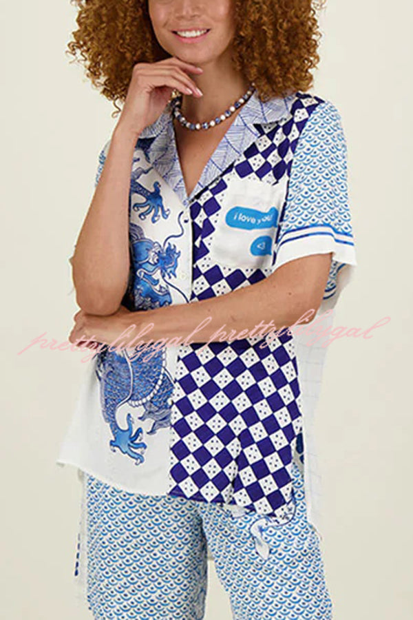 Stylish Dragon Print Short Sleeve Silk Satin Top & Elastic Waist Pocket Pants Set - Loose Fit Asian Inspired Outfit for Women | Perfect for Casual Wear, Yoga, Lounge & Festival Fashion