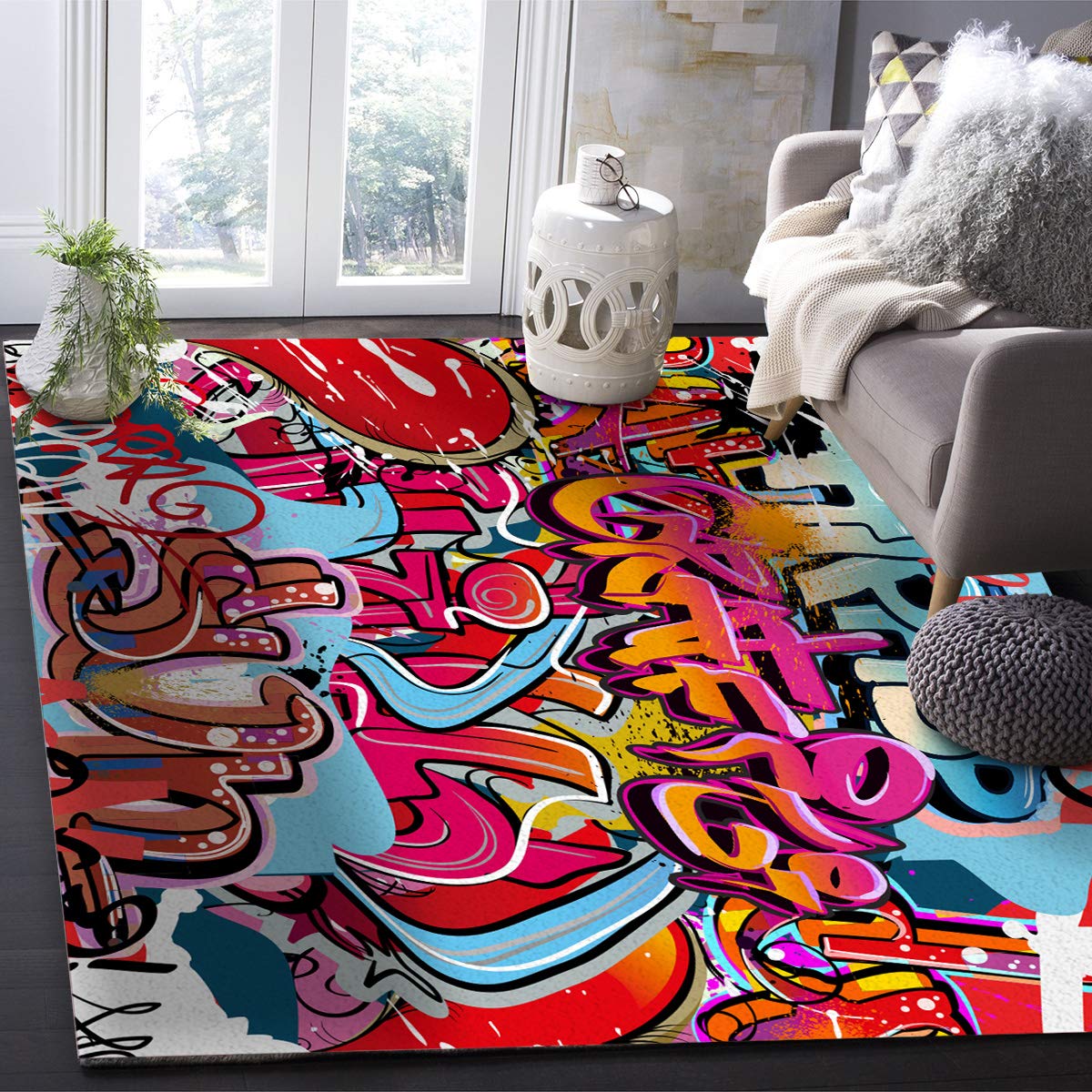 5' x 7' Modern Graffiti Art Area Rug - Hip Hop Street Culture Harlem NYC Spray Art Throw Carpet for Bedroom, Nursery & Kitchen - Non-Slip Floor Mat for Kids Room, Dorm & Living Space