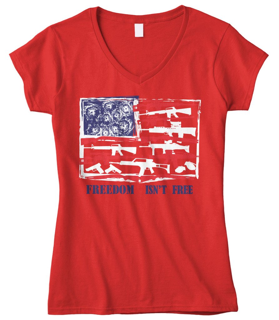 Cybertela Women's American Flag Patriotic Fitted V-Neck T-Shirt - Freedom Isn't Free Gun Design - Perfect for 4th of July, Veterans Day & Political Events