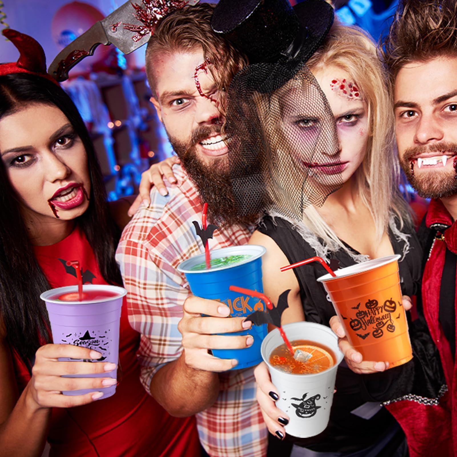 GuassLee 50 Pack Halloween Disposable Cups - 16Oz Colorful Plastic Party Cups Set (5 Styles) for Halloween Party, Coffee, Wine, Hot & Cold Drinks - Perfect for Halloween Celebrations, Office Parties, and Family Gatherings