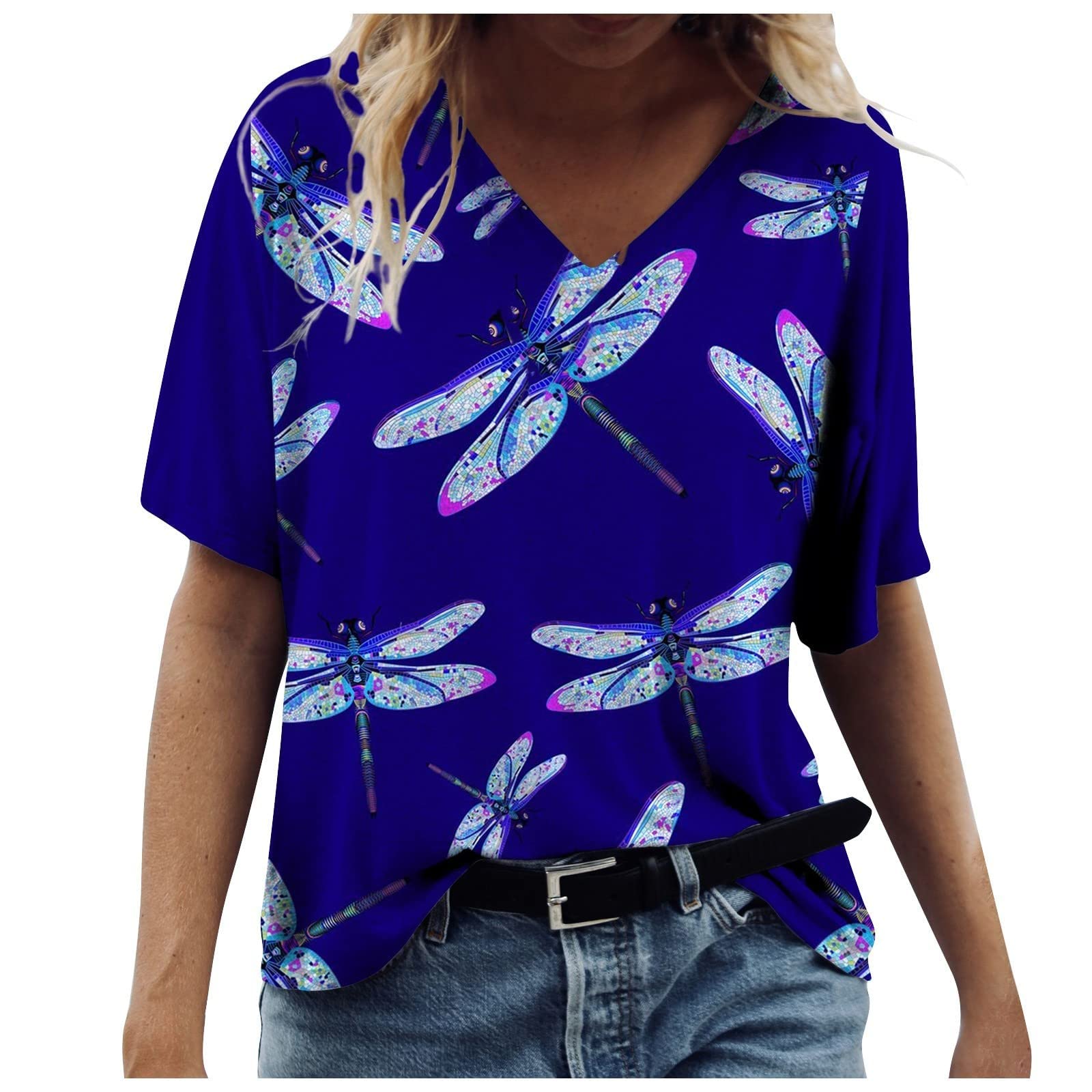 Women's V Neck Dragonfly Graphic Tee - Casual Loose Fit Top for Daily Wear