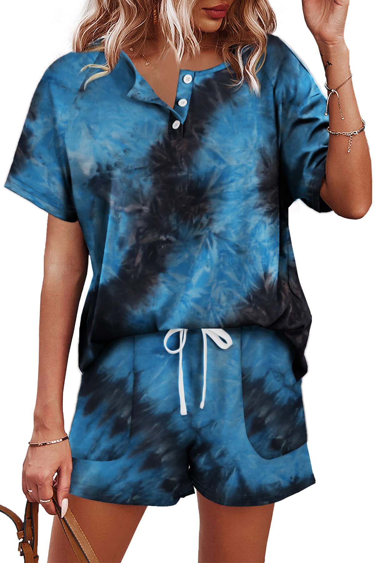 WIHOLL Women's 2-Piece Lounge Set - Button Down Top & Shorts with Pockets | Soft Casual Outfit for Home, Travel & Relaxation