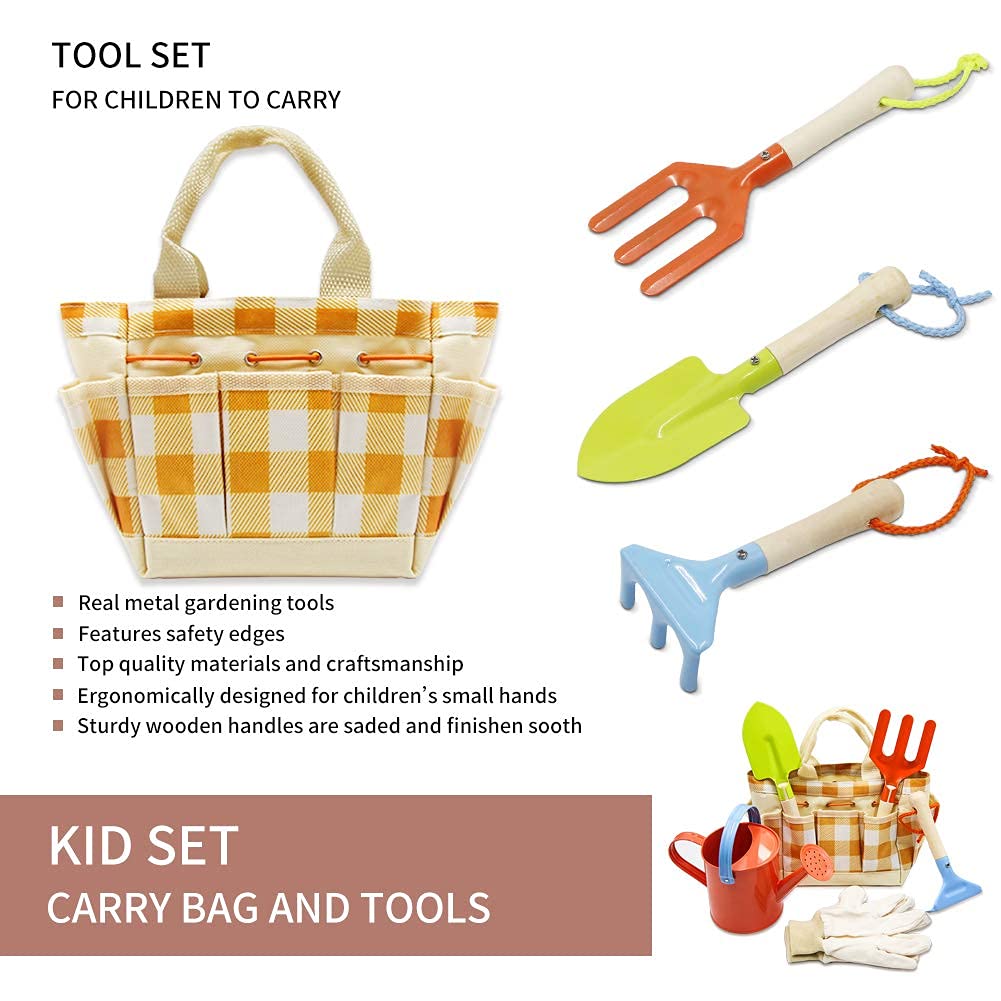 7 PCS Kids Gardening Tools Set with Tote Bag, Rake, Fork, Shovels, Apron, Gloves & Watering Can - Gardening Kit for Toddlers Ages 3-8 - Perfect Gift for Outdoor Play, Preschool Learning & Family Gardening Activities