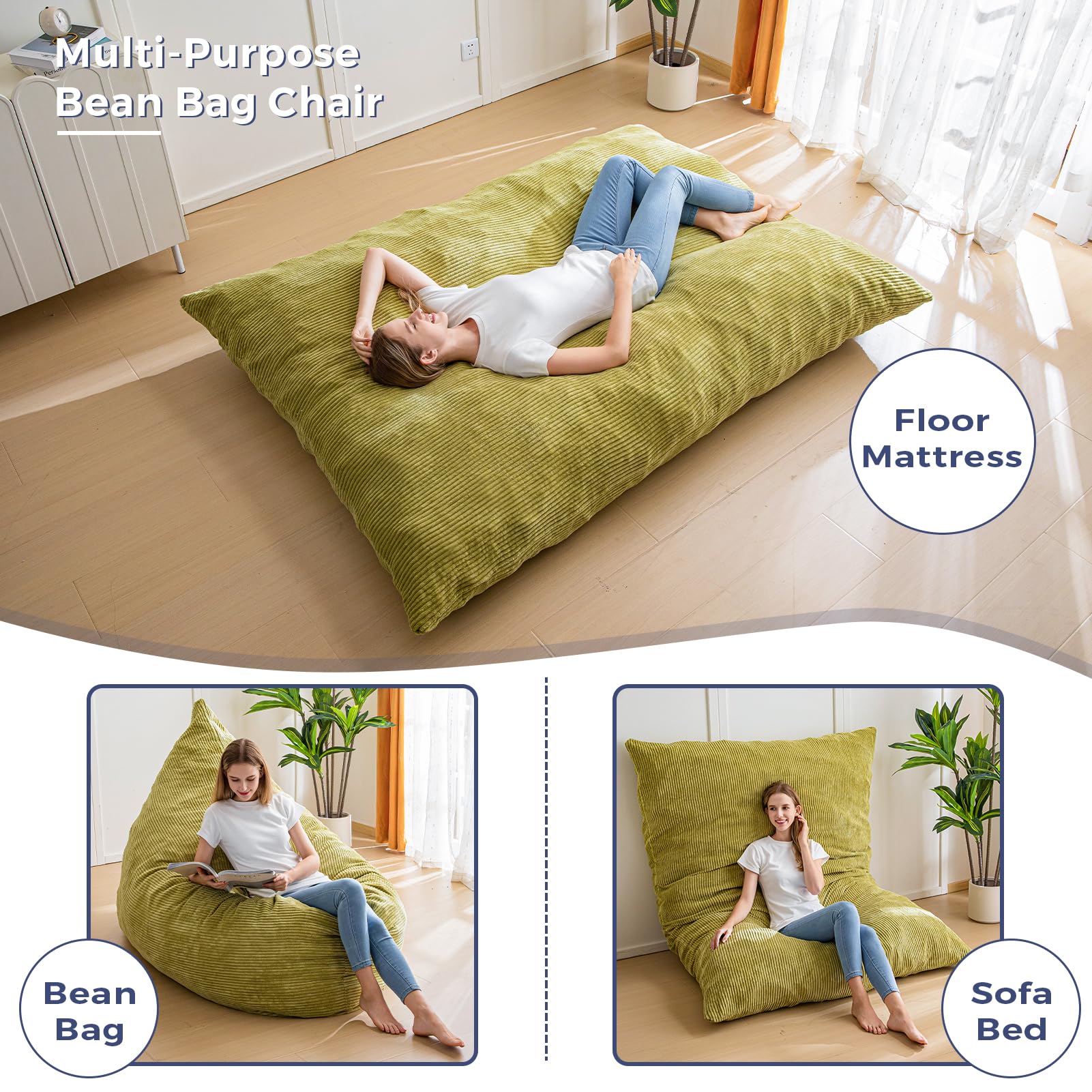 MAXYOYO 3-in-1 Bean Bag Chair - Giant Comfortable Pillow Lounger for Adults & Kids, Soft Green Fabric for Living Room, Bedroom, Dorm - Perfect for Relaxing, Gaming & Reading