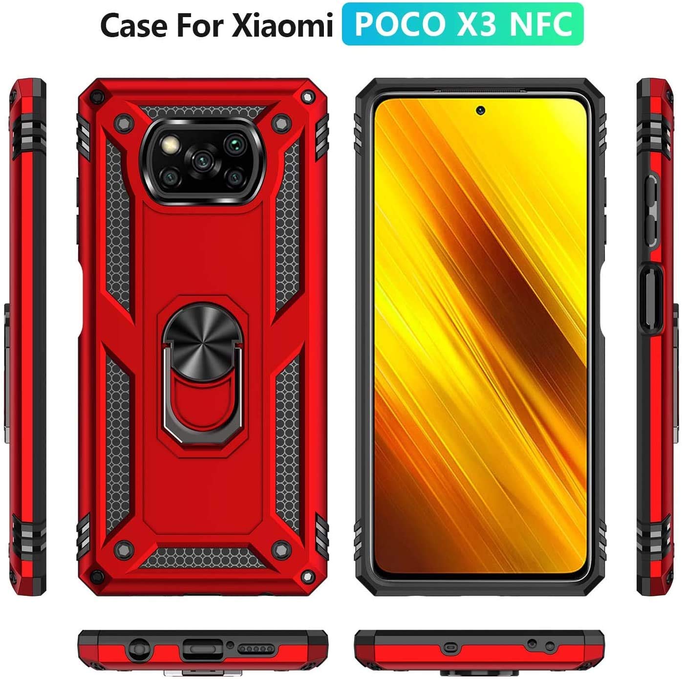 YaHan 2-Pack Heavy Duty Shockproof Case for Xiaomi Poco X3 NFC/X3 - 360° Rotating Ring Kickstand & Tempered Glass Screen Protector | Perfect for Workout, Travel & Outdoor Activities (Red)
