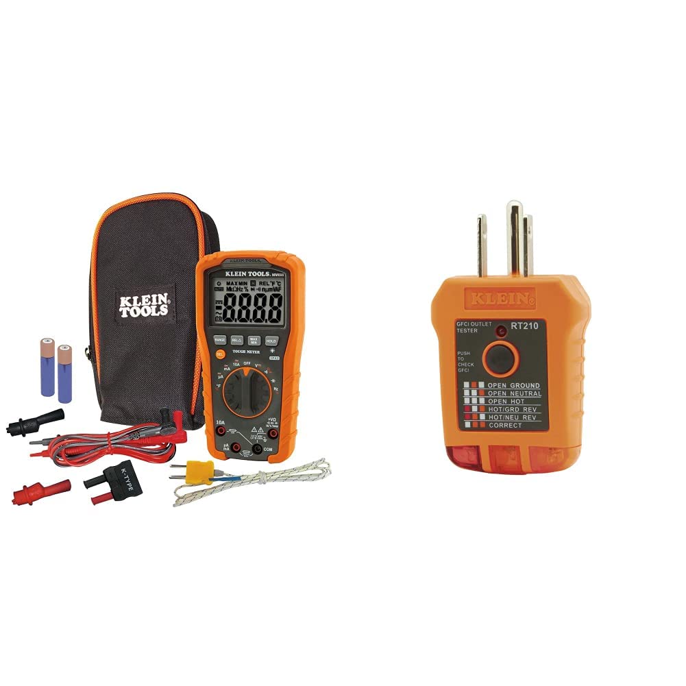 Klein Tools MM600 Digital Multimeter & RT210 GFCI Outlet Tester - Professional Electrical Tester for Home and Industrial Use, Detects Wiring Issues in North American AC Outlets - Perfect for Electricians, DIY Home Repairs and Safety Inspections