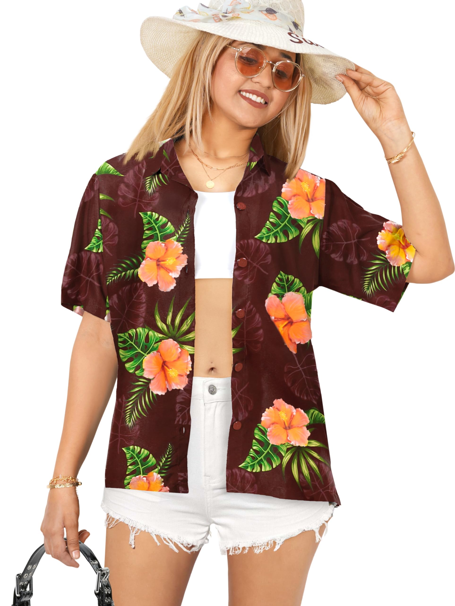 Happy Bay Women's Hawaiian Beach Short Sleeve Blouse - Tropical Floral Print Vacation Shirt for Summer, Pool Party & Island Getaway