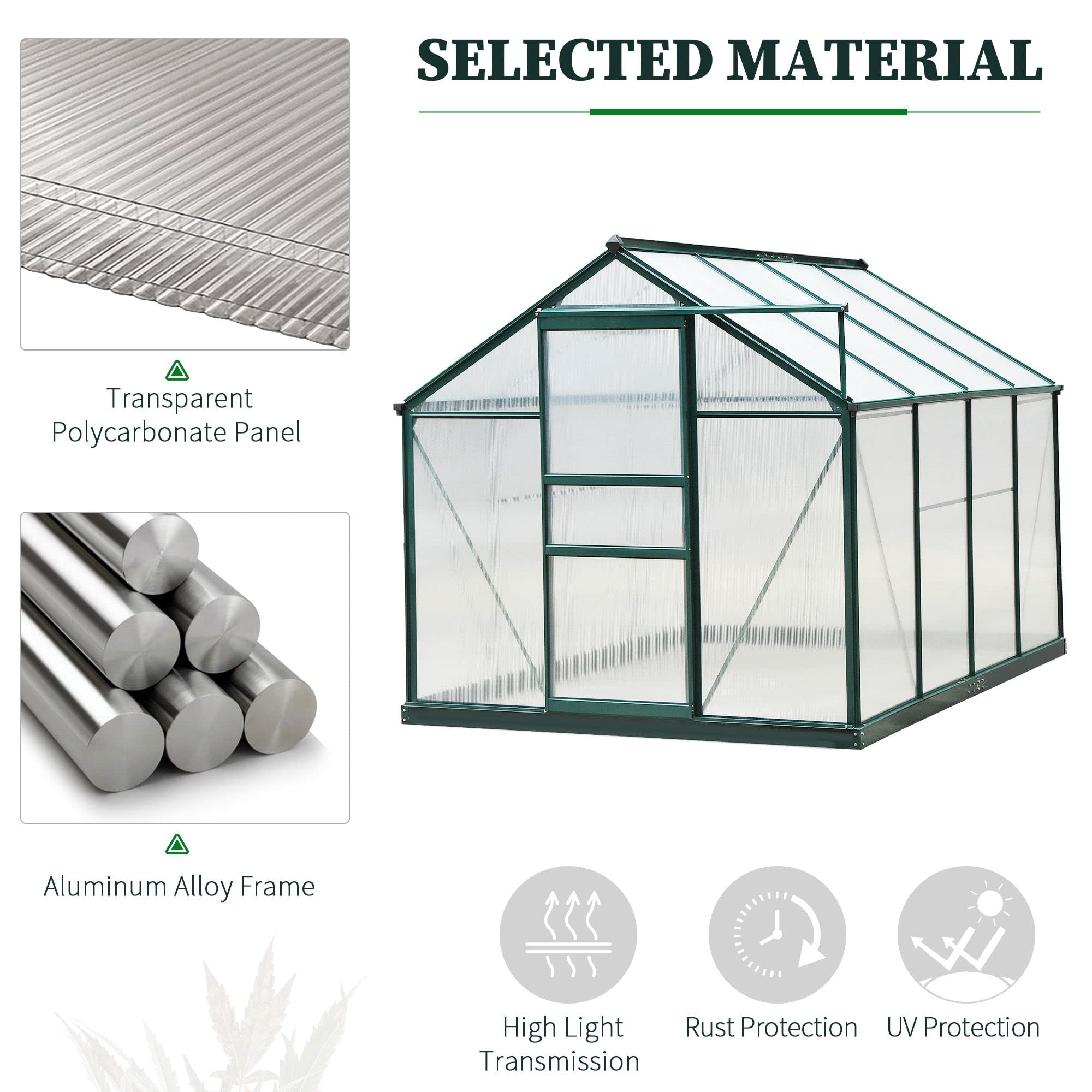 Outsunny 6' x 8' Polycarbonate Greenhouse with Rain Gutter & Roof Vent - Durable Aluminum Walk-in Outdoor Greenhouse for Backyard, Patio & Garden (Dark Green) - Perfect for Growing Vegetables, Herbs & Flowers Year-Round