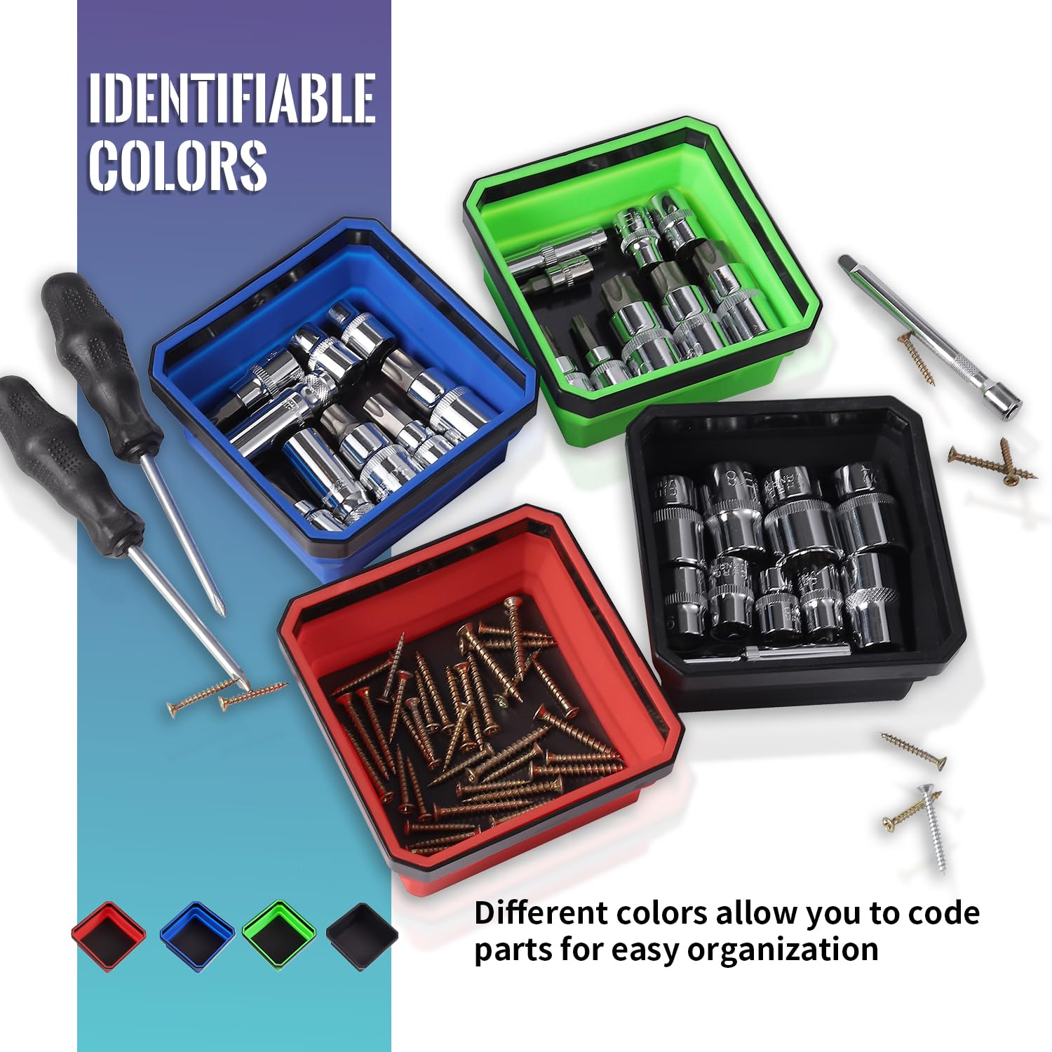 Magnetic Parts Tray Set - 4pc Collapsible Tool Organizer for Screws & Bolts - Workshop & DIY Use
