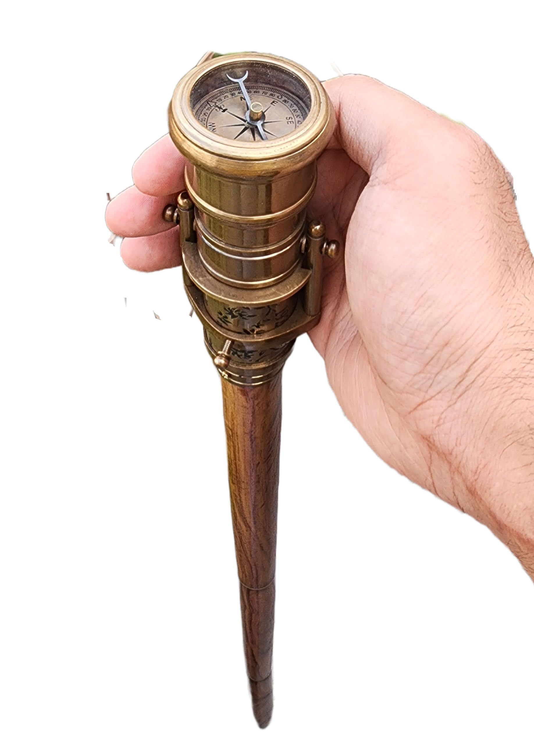 Premium Telescopic Walking Cane with Compass - Adjustable Wooden Walking Stick with Brass Handle - Foldable Hiking Cane for Seniors & Outdoor Adventures - Perfect Birthday Gift for Elderly & Travelers
