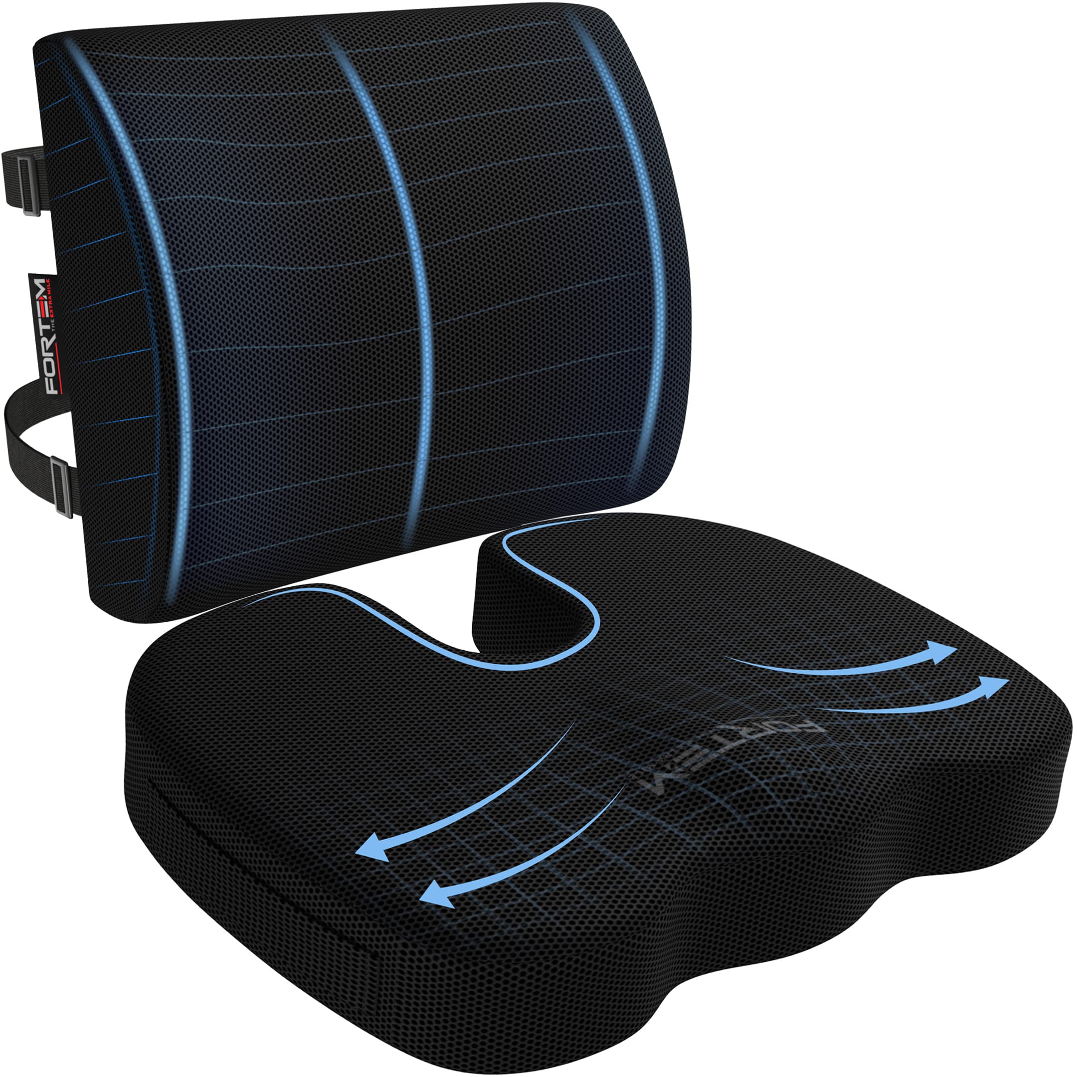 FORTEM Memory Foam Chair Cushion - Office Chair Seat Cushion with Lumbar Support, Ergonomic Back Support Pillow for Car, Home & Office Use - Washable Mesh Cover (Black) - Perfect for Long Sitting & Back Pain Relief