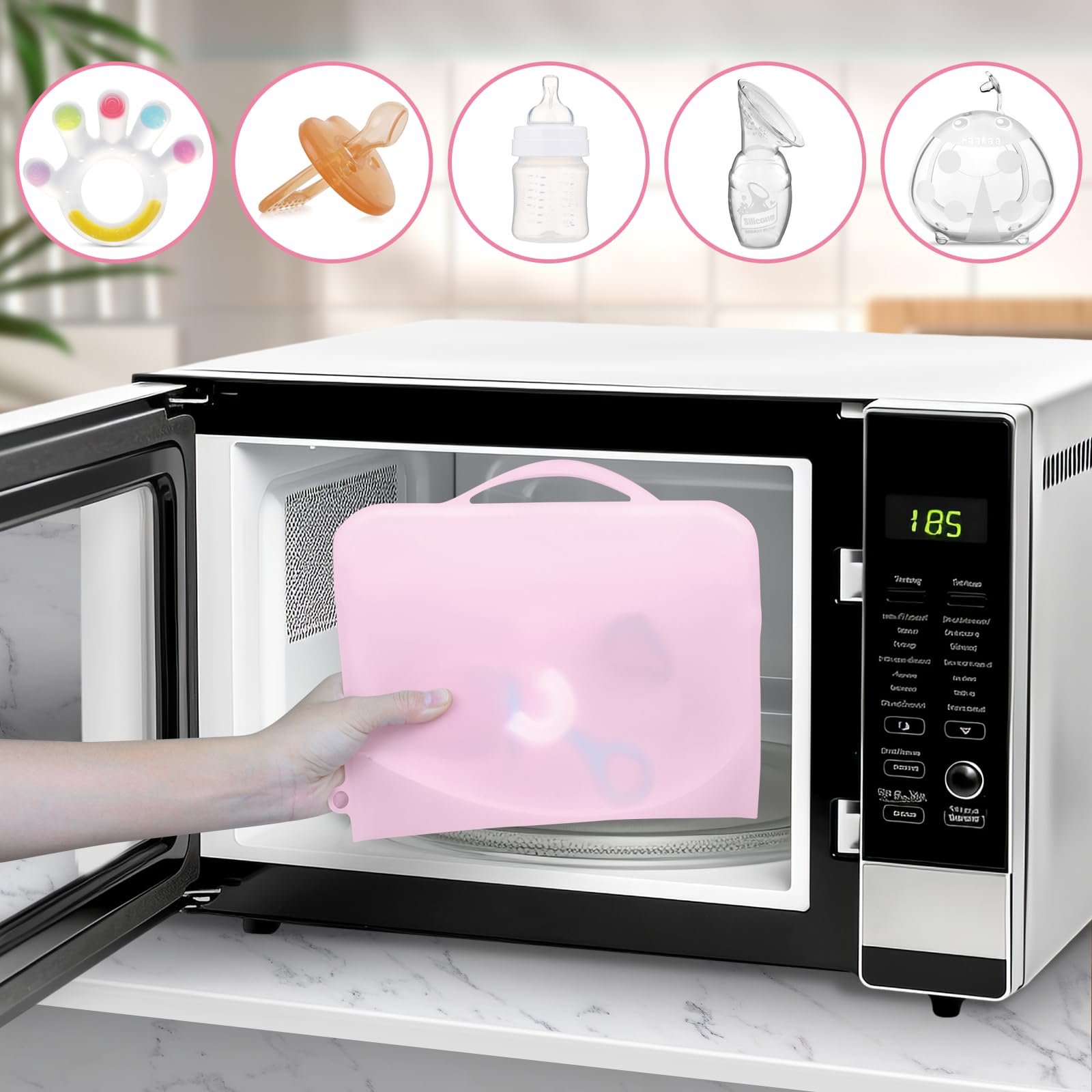 Reusable Silicone Microwave Steam Sterilizer Bag for Baby Bottles, Pump Parts & Toddler Accessories - BPA-Free, Easy to Use for Home & Travel - Pink (1PC) | Perfect for Daycare, On-the-Go Parents & Quick Sterilization