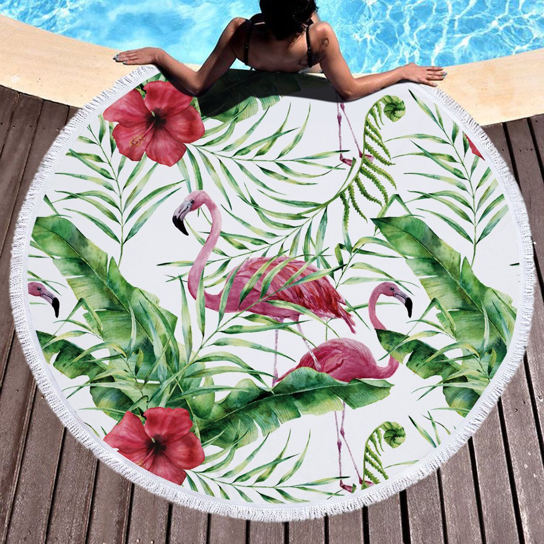 Premium Large Round Beach Towel Blanket - Soft Microfiber Flamingo Print Yoga Mat for Beach, Picnic, Pool & Outdoor Use | Fringed Edge, High Color Fastness, Quick-Dry Fabric (60