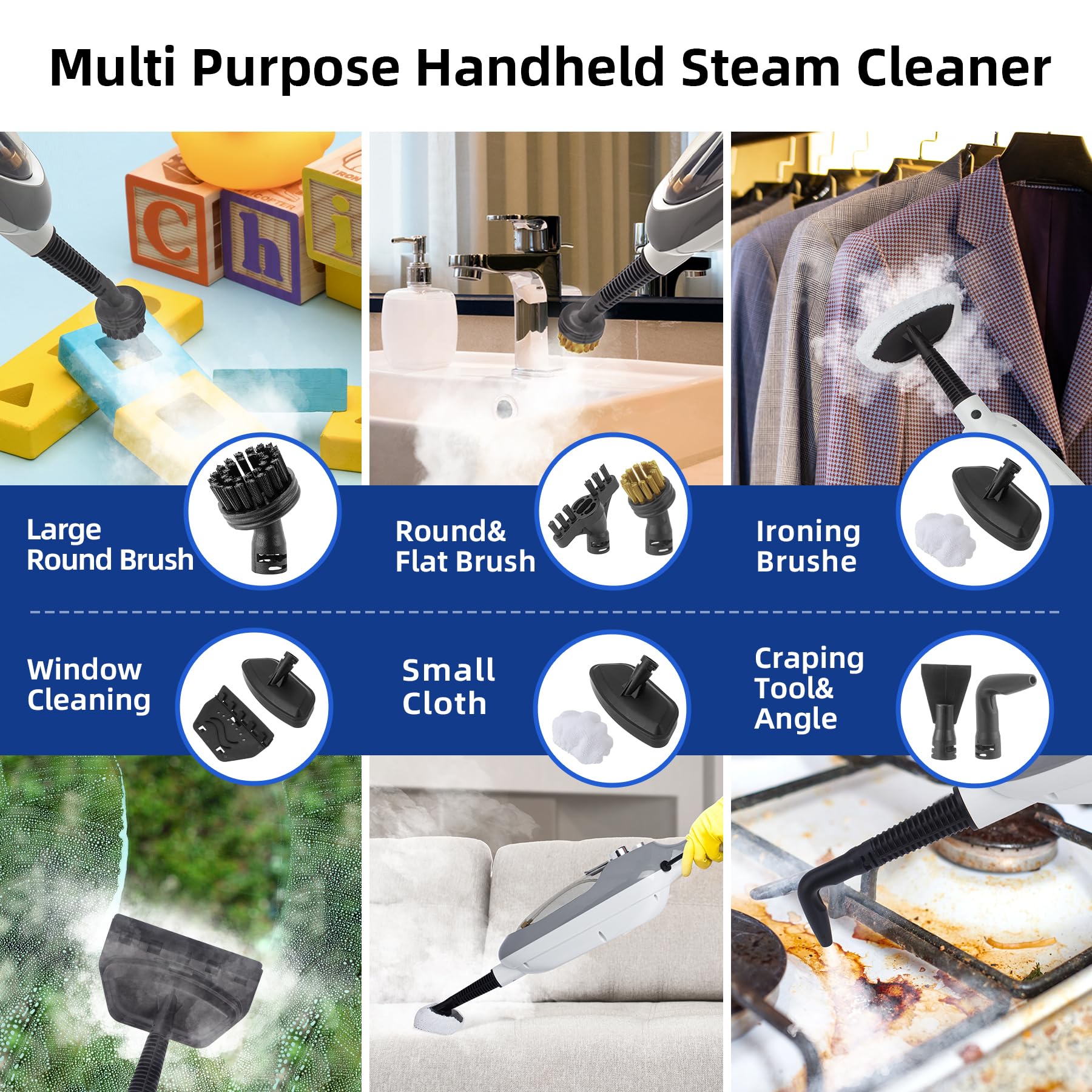 10-in-1 Multi-Purpose Handheld Steam Cleaner with 11 Accessories - Detachable Floor Steamer for Hardwood, Tile & Laminate Floors - Powerful Steam Mop for Carpets, Kitchens & Whole Home Cleaning