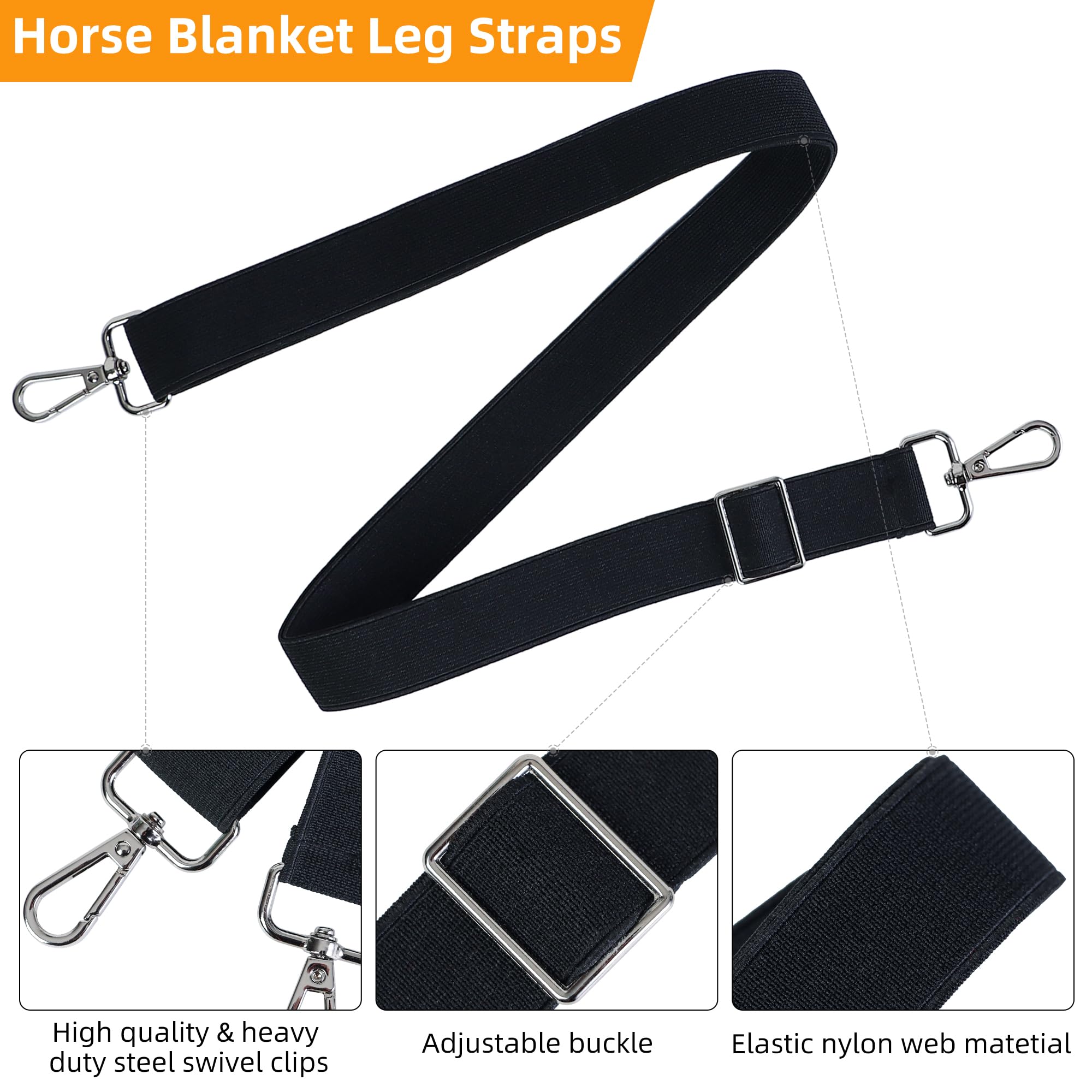 Adjustable Elastic Horse Blanket Leg Straps with Metal Double Swivel Snaps - Stretchy Replacement Belly Straps for Winter Horse Blankets (Black, 4 Pieces) - Perfect for Securing Horse Blankets in Cold Weather & Preventing Slippage During Riding or Turnout