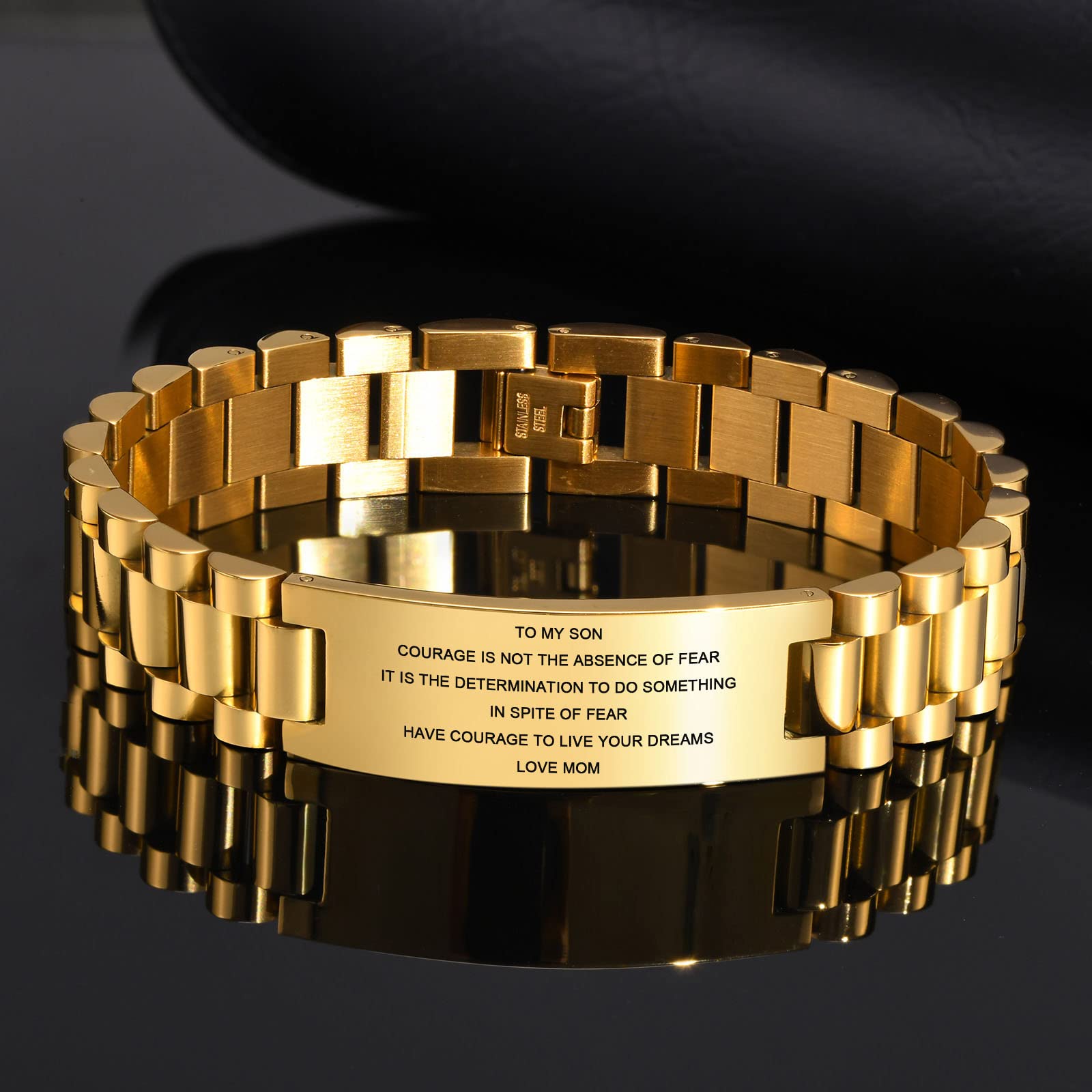 MEALGUET Inspirational Stainless Steel Bracelet for Son - Customizable Courage Link Wristband, Perfect Birthday & Graduation Gift from Mom & Dad, Ideal for Everyday Wear & Special Occasions