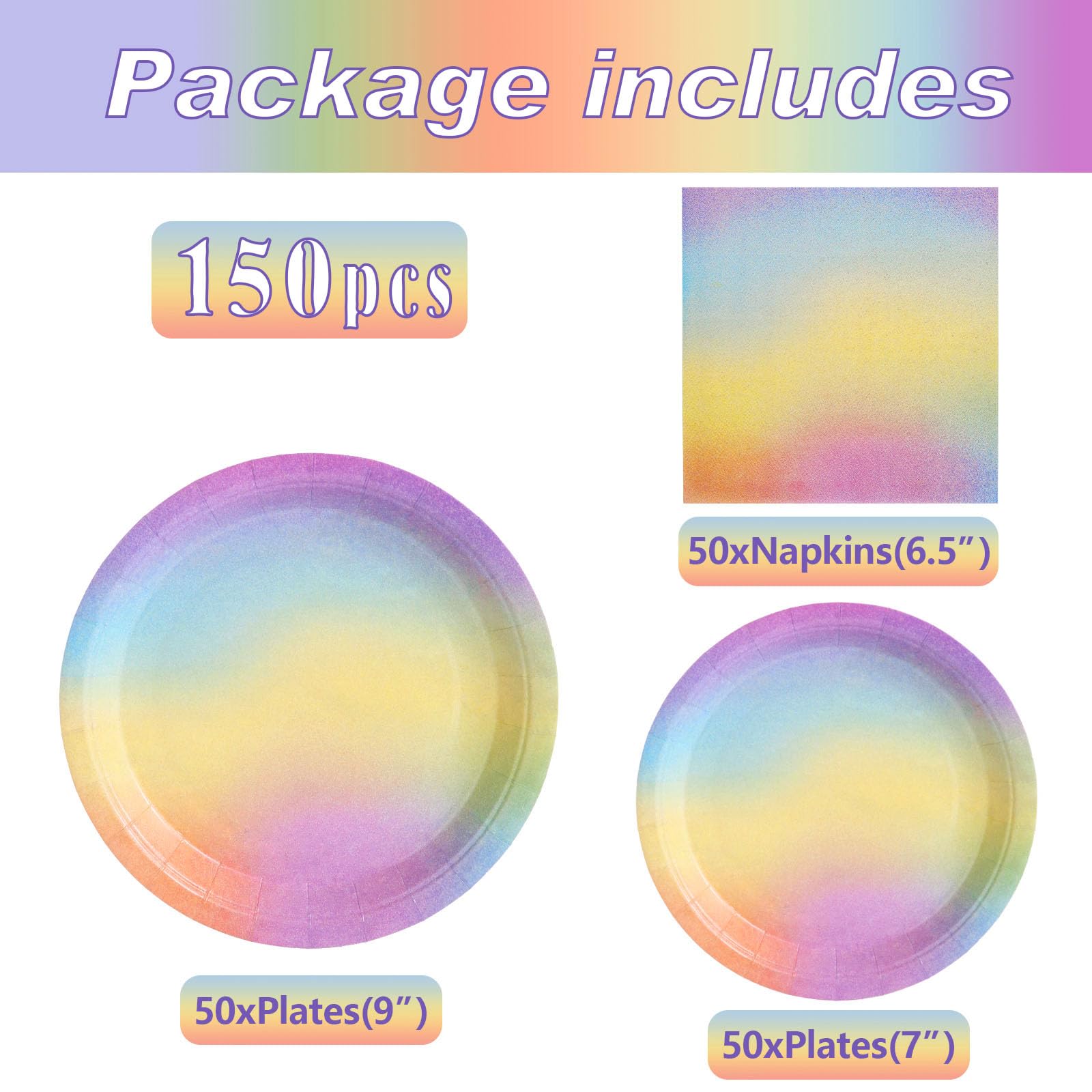 150-Piece Pastel Rainbow Party Supplies Set - Includes Paper Plates, Napkins for 50 Guests - Perfect for Baby Showers, Girls' Birthday Parties & Rainbow-Themed Celebrations
