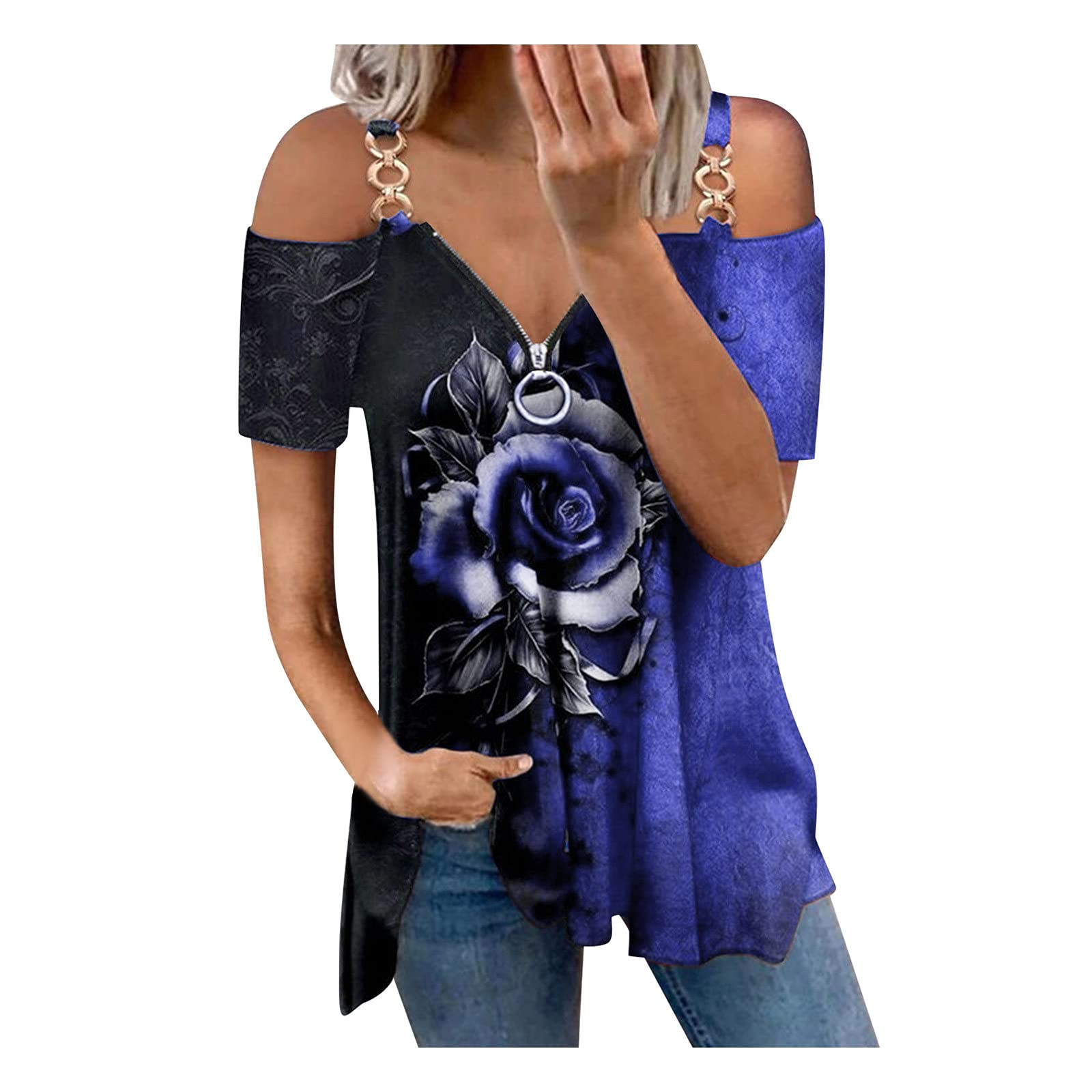 **MtsDJSKF Women's Off The Shoulder Zip-Up V-Neck T-Shirt - Sexy Loose Fit Graphic Tee for Casual Wear, Date Night & Summer Outfits**