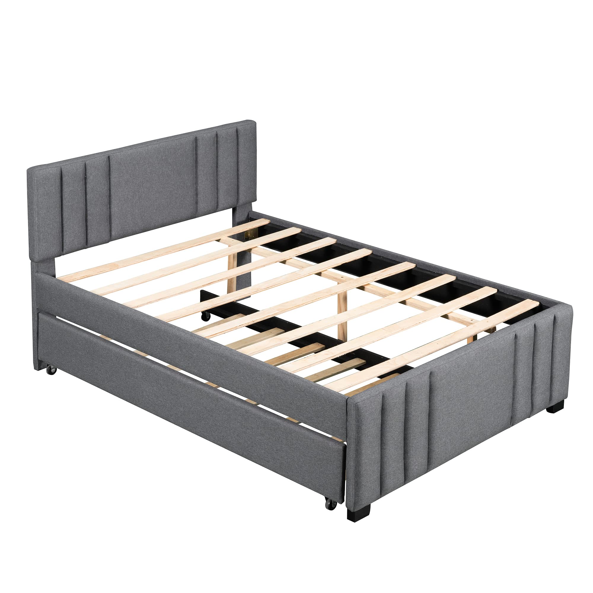 SOFTSEA Full Size Upholstered Platform Bed with Trundle - Tufted Headboard Twin Bed Frame, No Box Spring Required, Easy Assembly, Gray | Perfect for Guest Rooms, Kids' Bedrooms & Small Spaces