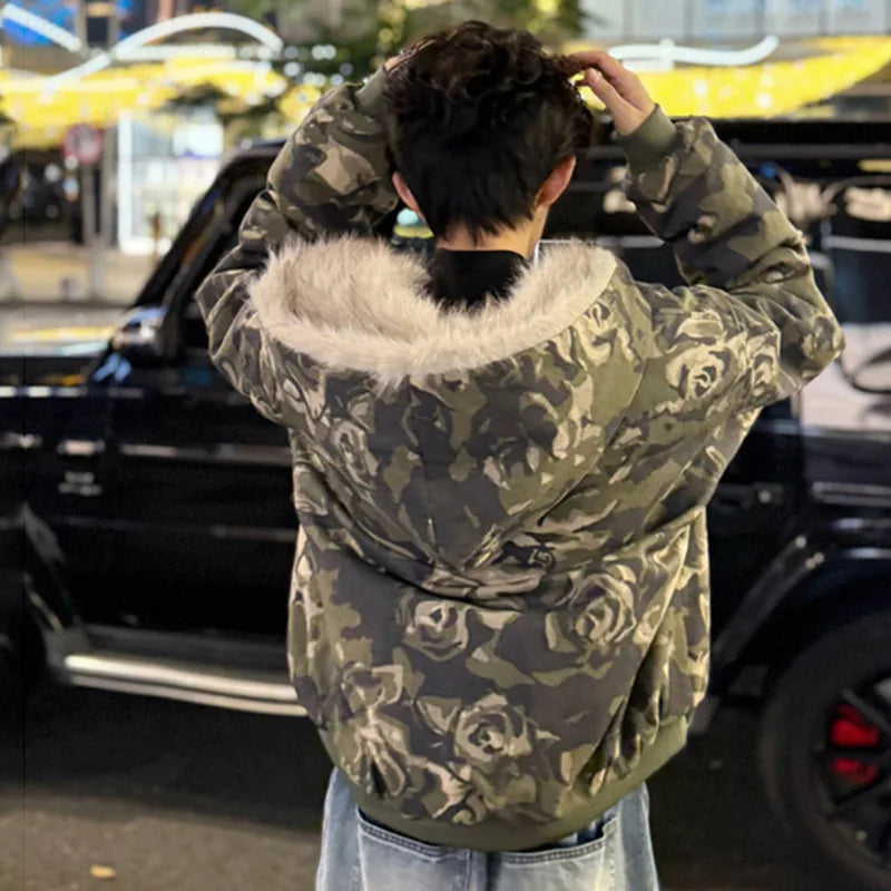 2024 Fashion Men's Winter Camouflage Hooded Jacket with Zipper & Contrast Color Patchwork - Outdoor Hunting, Hiking & Casual Wear (Style 9C9020)