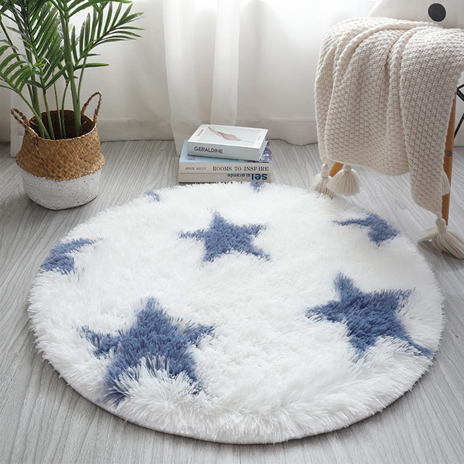 Fluffy Round Shaggy Area Rug - Soft Plush Carpet with Modern Moroccan Geometric Lattice Star Design for Living Room, Bedroom & Nursery Decor