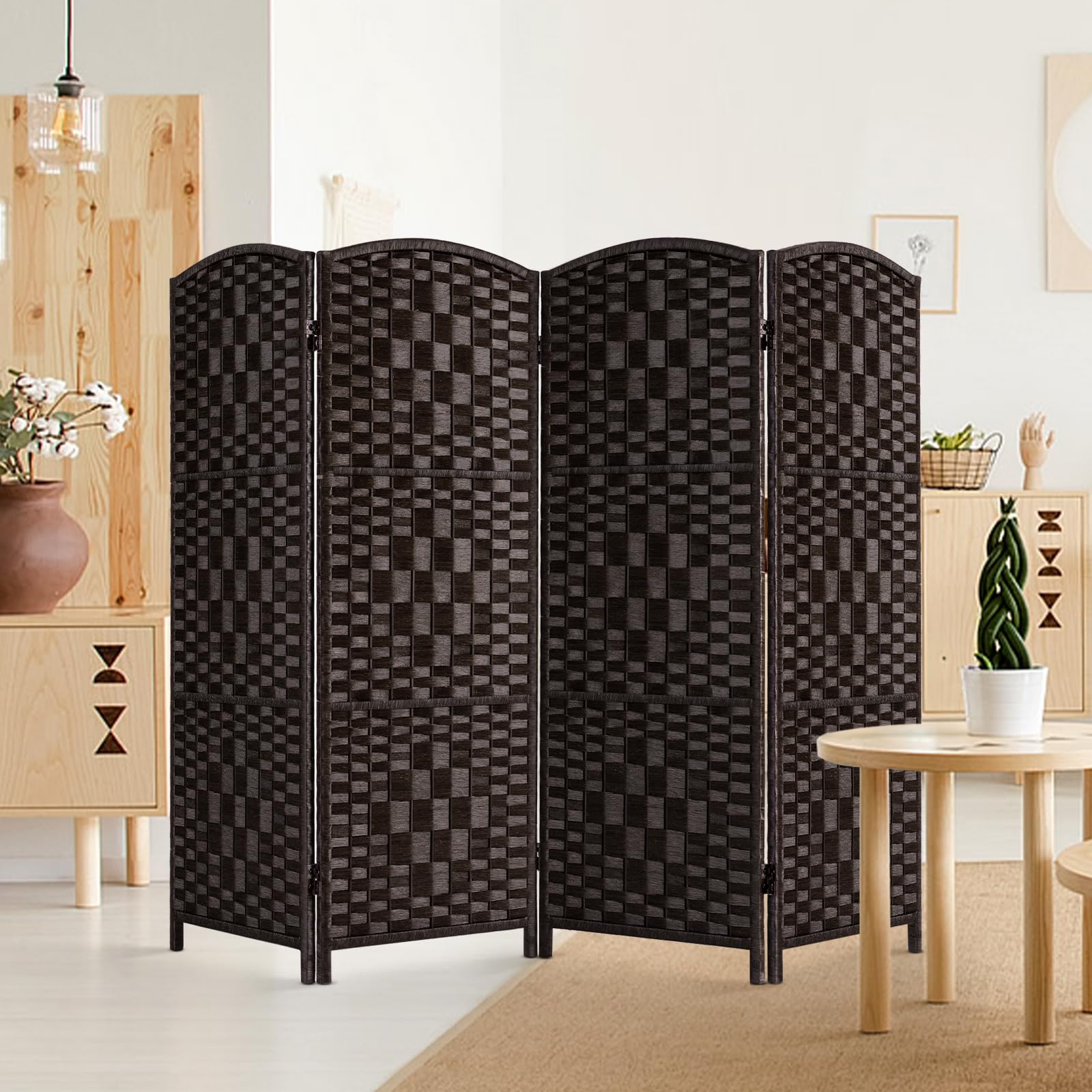 4-Panel Dark Mocha Room Divider - Foldable Privacy Screen & Temporary Wall Partition for Home Office, Bedroom, and Studio Space Separation