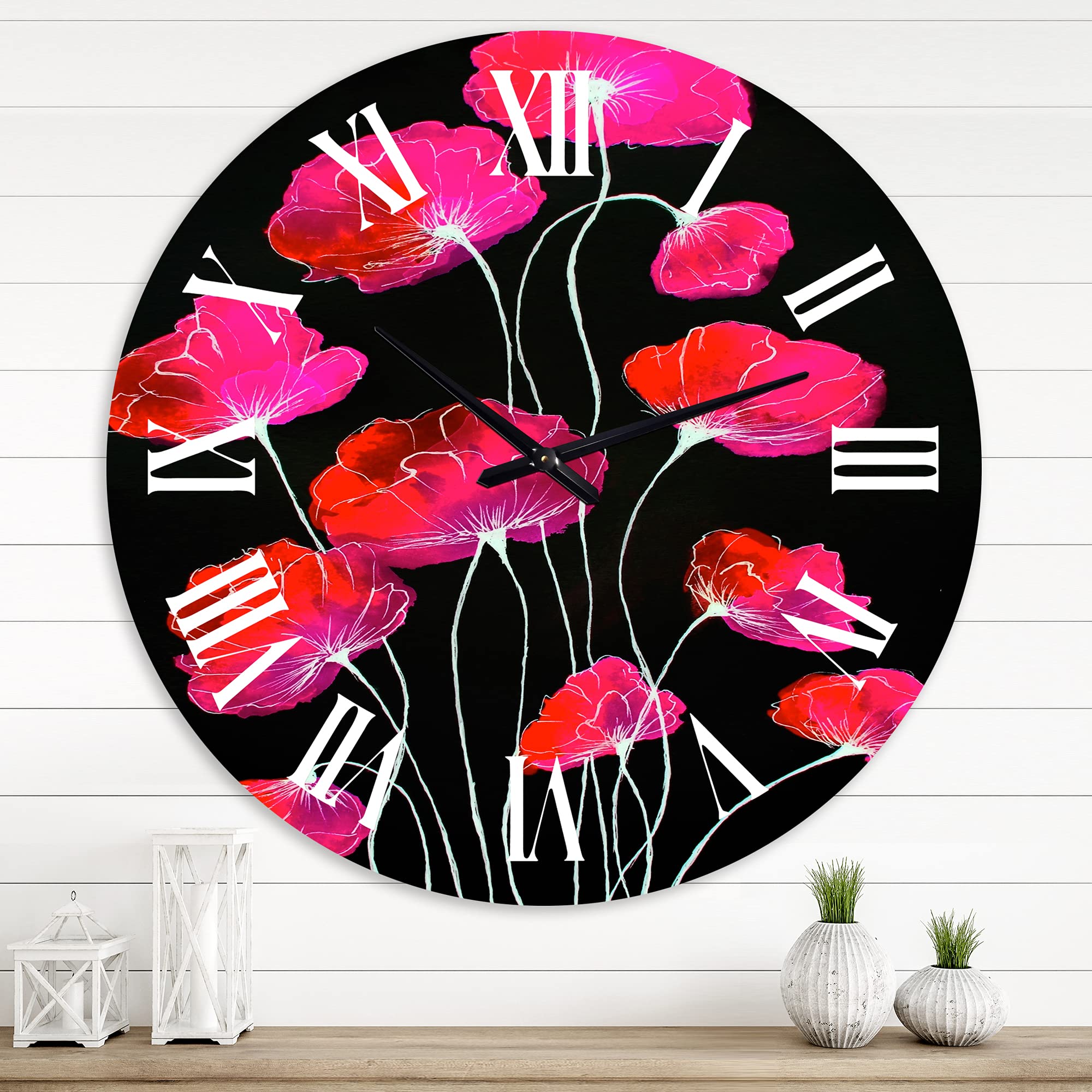 Abstract Red Flower Wall Clock - Large Traditional Floral & Botanical Design for Bedroom, Living Room, Office Decor | Elegant Black Background with Artistic Floral Details