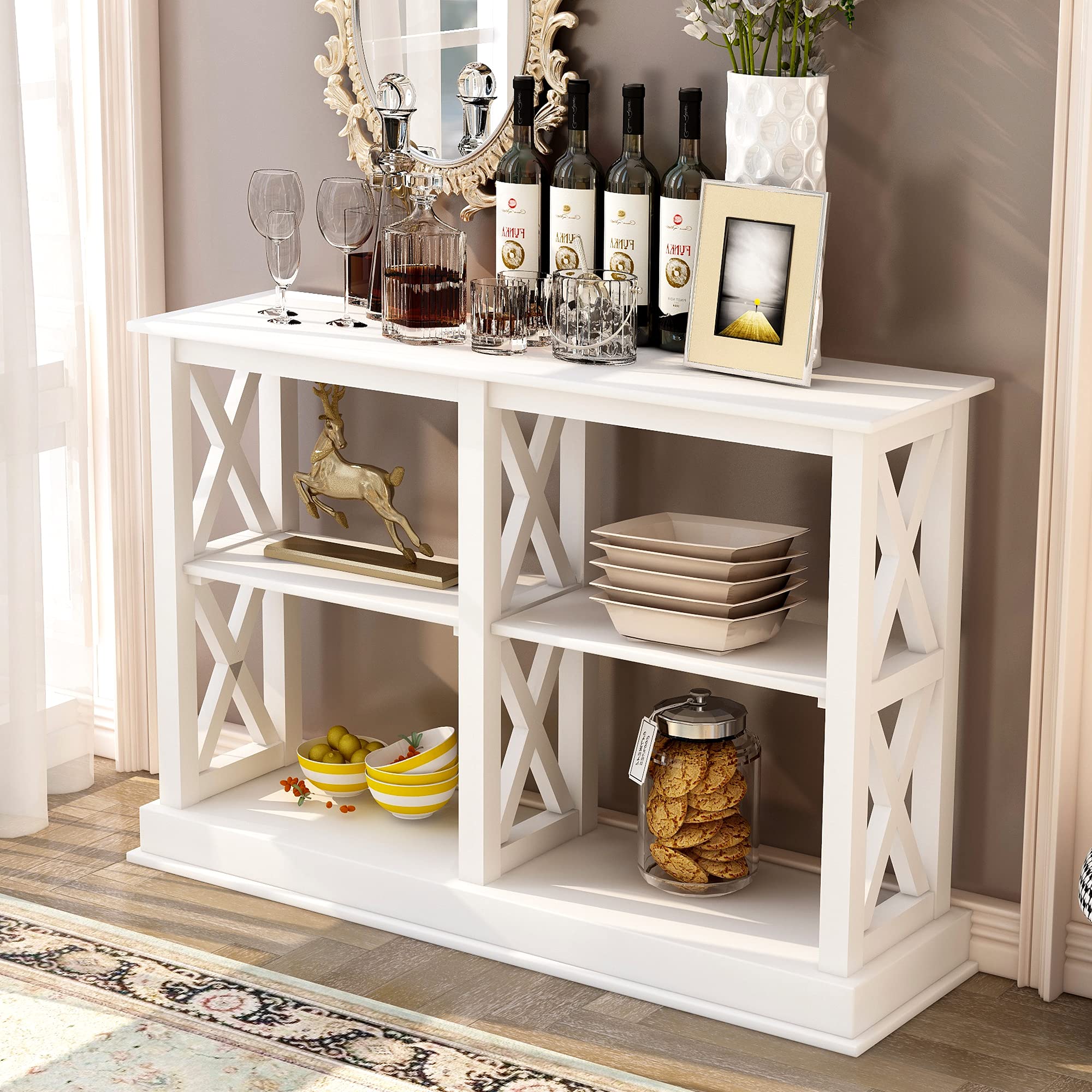 Vintage Retro Console Table with 3-Tier Open Storage & X-Shaped Legs - Narrow Sofa Table for Living Room, Entryway & Hallway - Perfect for Small Spaces & Home Decor (White) - Ideal for Displaying Decor, Storing Essentials & Creating Stylish Entryways