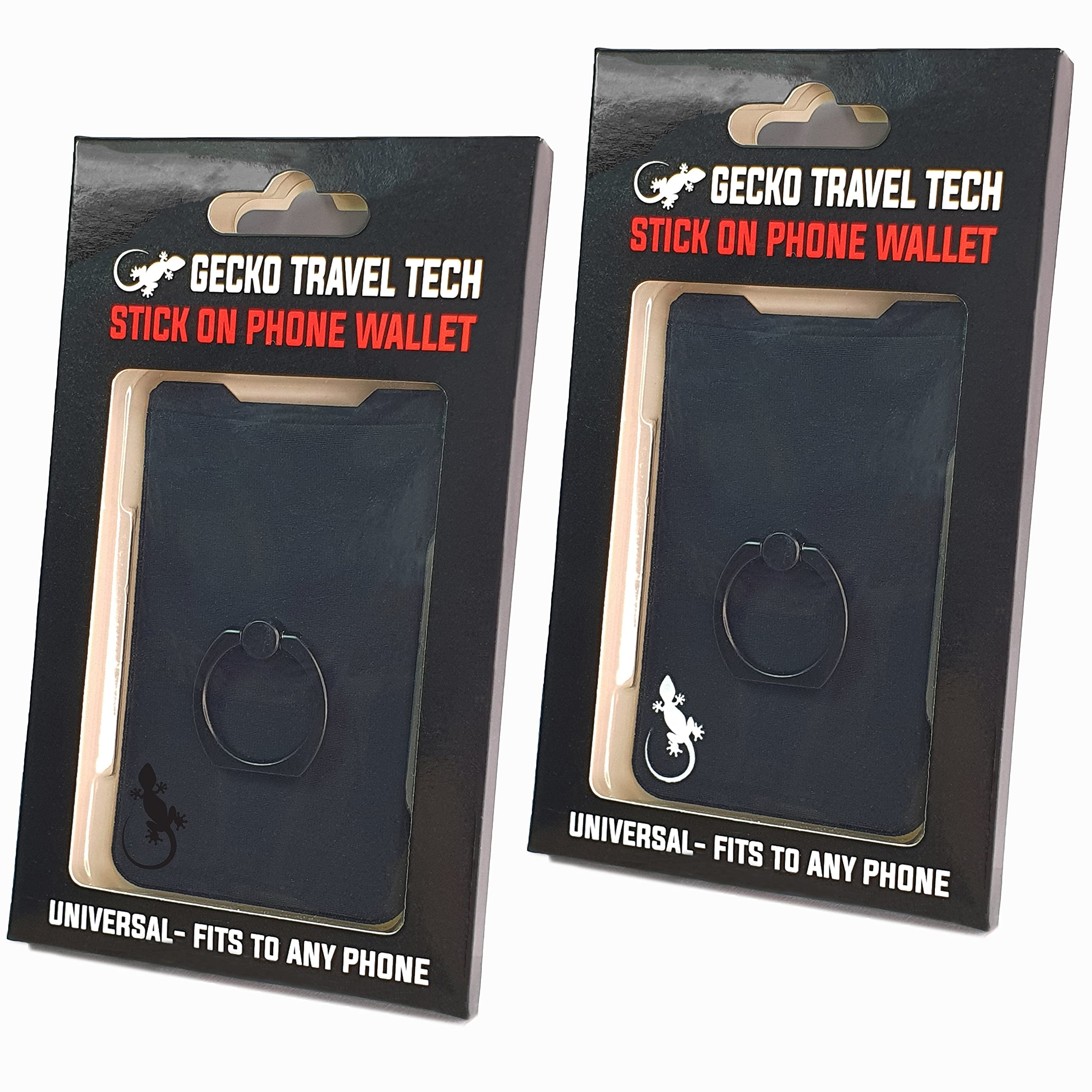 Universal Phone Card Holder with Gecko Ring - 2 Pack (White & Black Logos) - Finger Grip, Phone Ring Stand & Credit Card Sleeve for Secure Grip, Hands-Free Viewing & On-the-Go Convenience - Perfect for Travel, Work & Daily Use