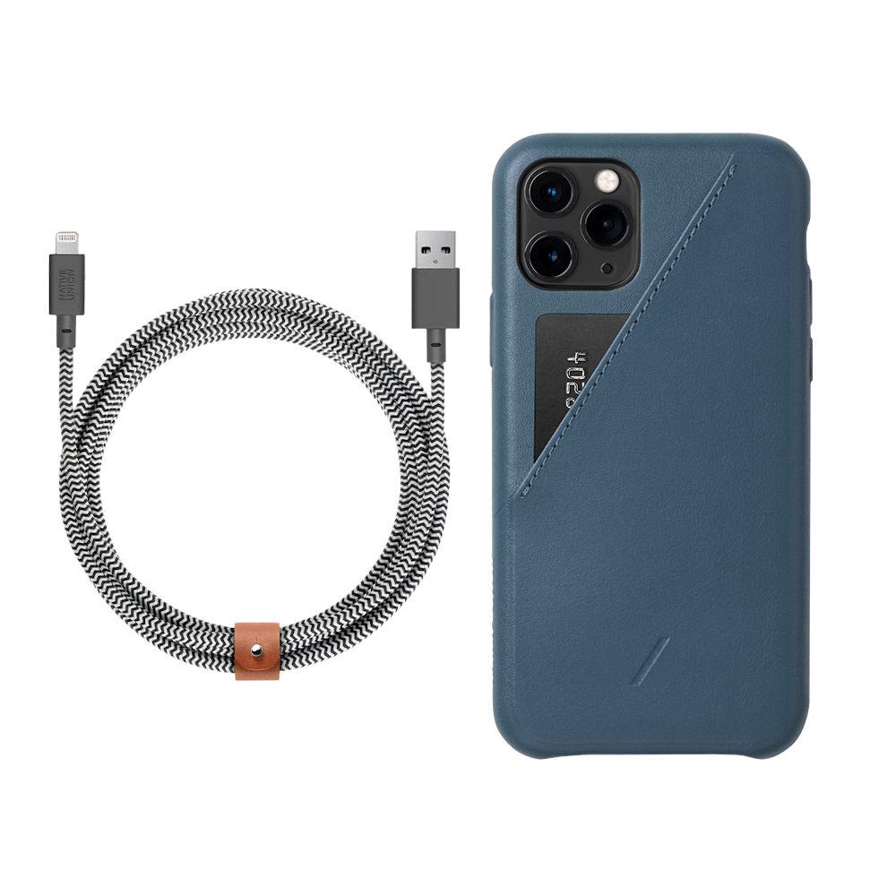 Native Union Clic Card Case & 10ft Belt Cable Bundle for iPhone 11 Pro Max - Ultra-Strong Reinforced Lightning to USB Charging Cable in Indigo & Zebra | Wallet Case with Secure Card Holder & Durable Phone Charger for Travel, Work & Daily Use