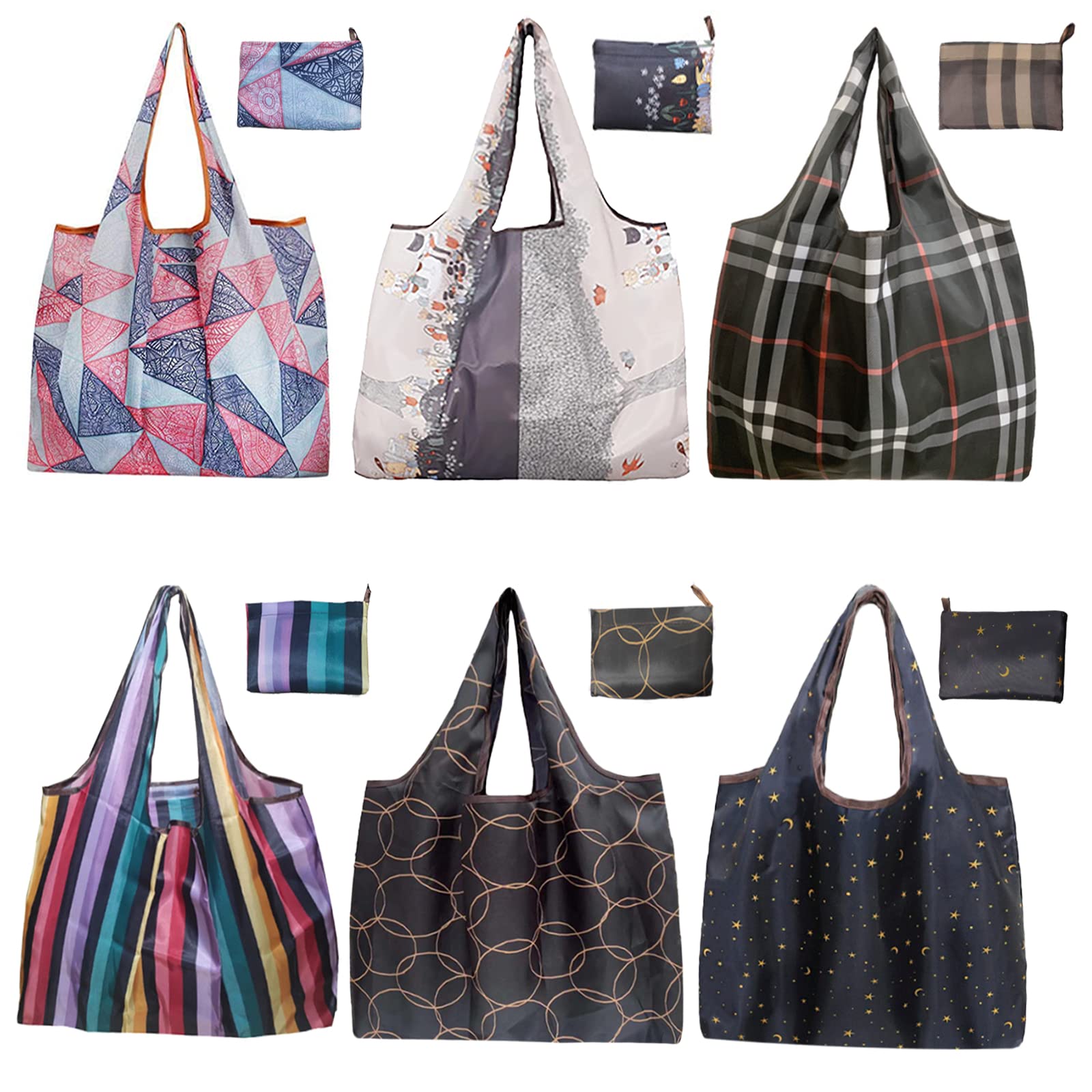 6 Pack Super Large Reusable Grocery Bags - Foldable Shopping Tote Bags with Attached Pouch | Eco-Friendly & Durable for Groceries, Beach, Travel & Storage | By Ahyuan