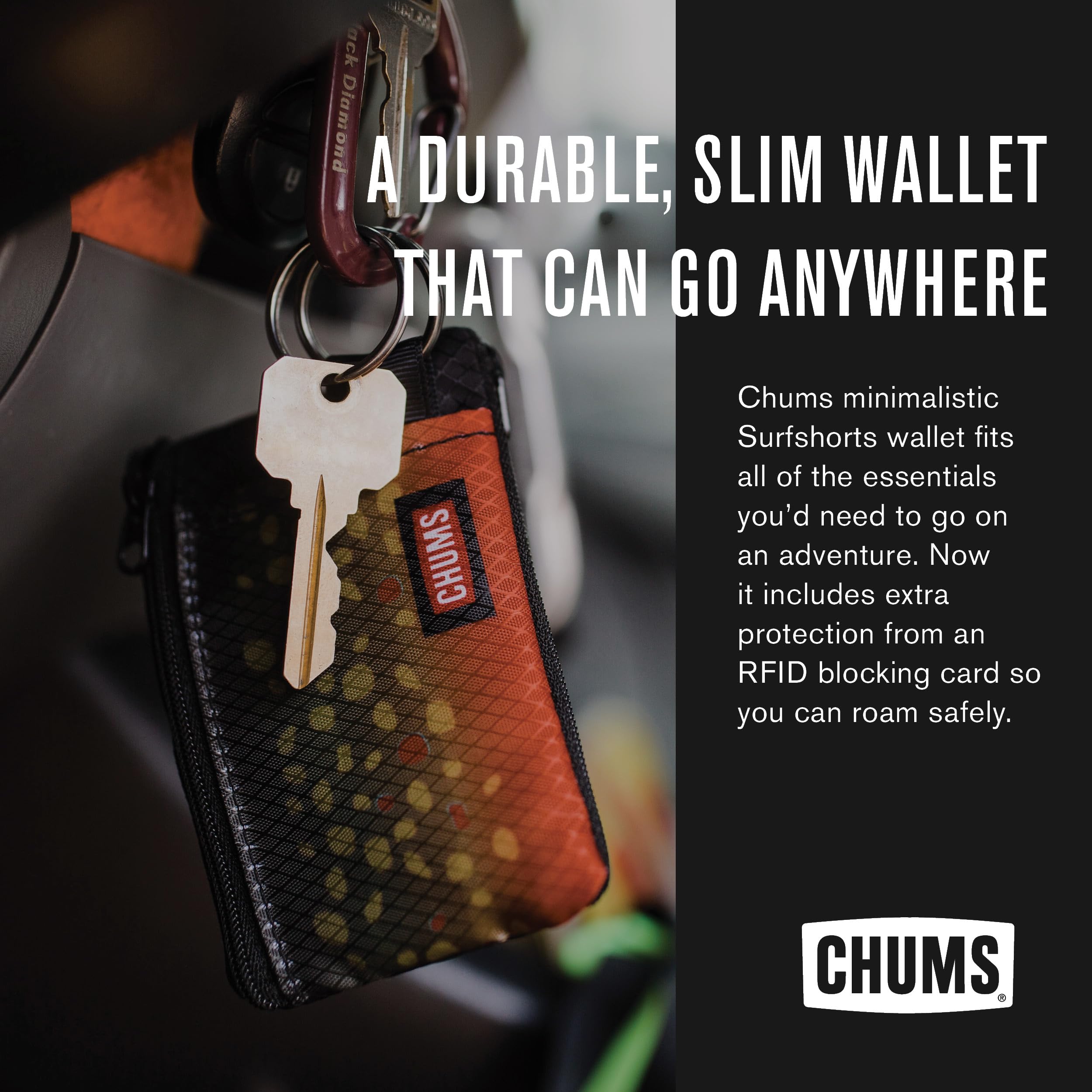 Chums Surfshorts Wallet - Lightweight Slim RFID Blocking Wallet with Clear ID Window & Key Ring - Water Resistant Zippered Travel Wallet for Men - Perfect for Surfing, Beach Trips & Outdoor Adventures