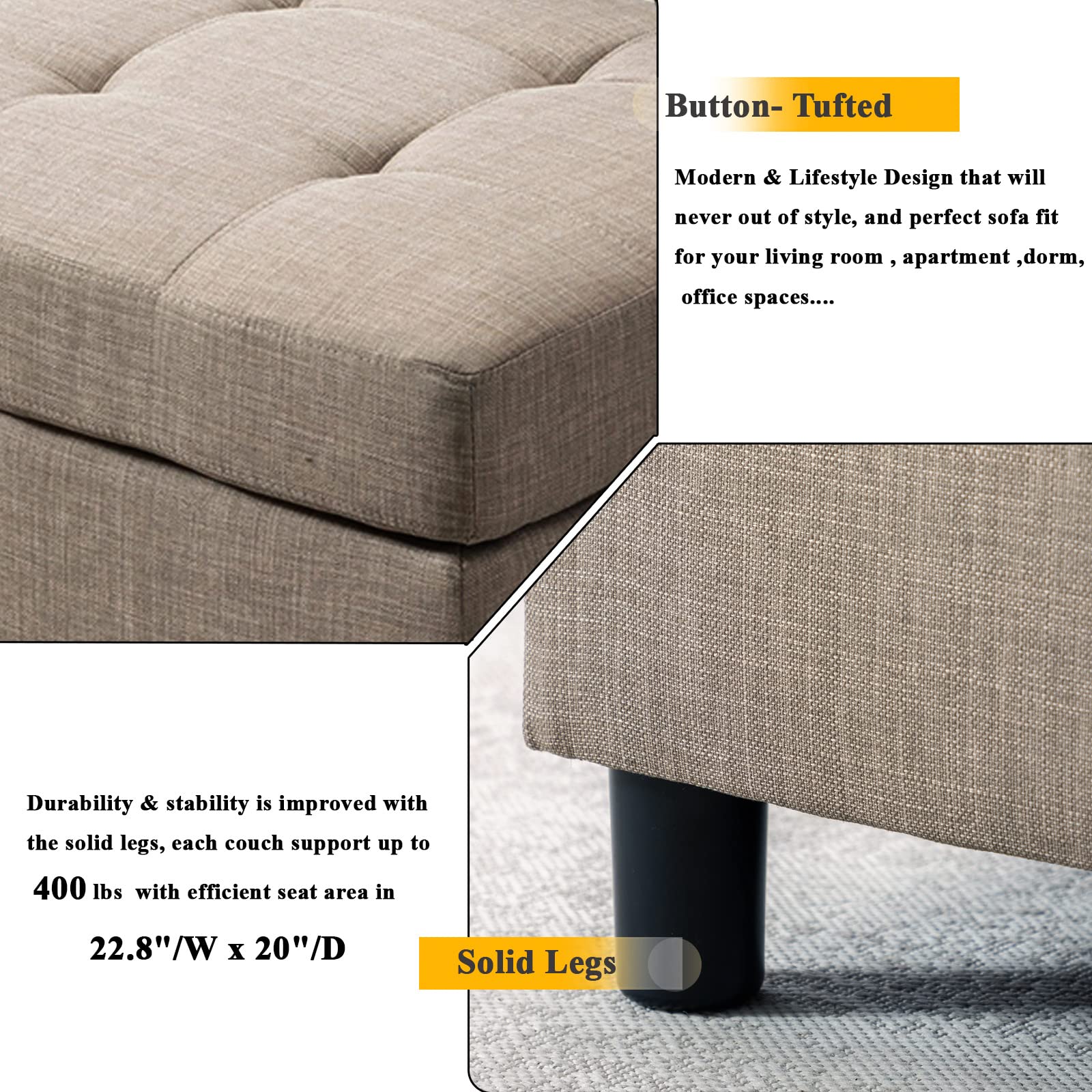 4-Seat Modular Sectional Sofa Set with Ottoman - L-Shaped Fabric Couch for Living Room, Basement & Apartment - Khaki Grey | Perfect for Family Gatherings & Movie Nights