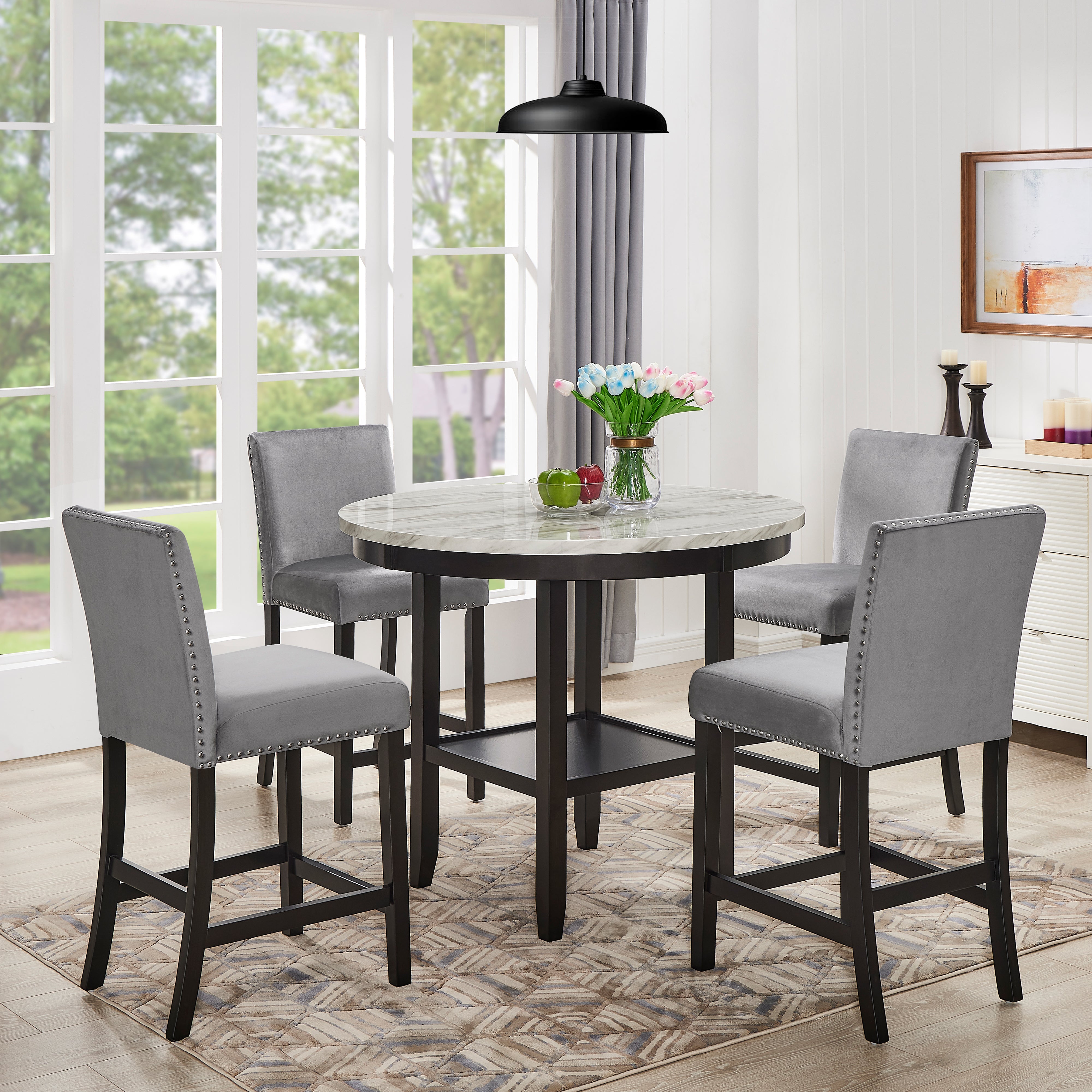 Roundhill Furniture 5-Piece Mella Counter Height Dining Set - Round Faux Marble Table with 4 Black Velvet Parsons Stools - Perfect for Kitchen, Breakfast Nook & Small Space Dining
