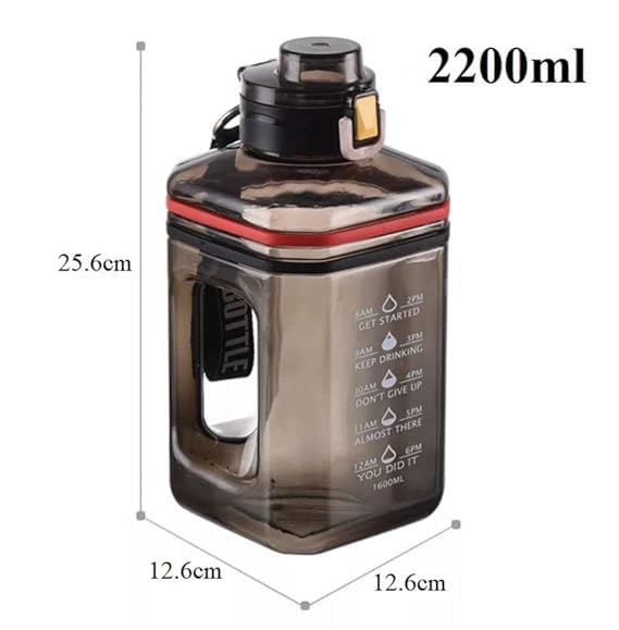 AWOKZA 2.2L/64oz Large Water Bottle with Time Marker - BPA Free, Leakproof Reusable Gallon Jug with Handle, Strap & Chug Lid - Perfect for Gym, Sports, Hiking, Travel and Outdoor Activities (Black)