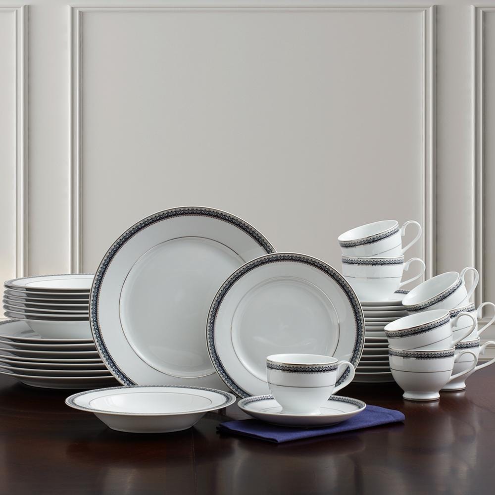 Platinum Crown Cobalt 40-Piece Dinnerware Set - Service for 8 People, Elegant Porcelain Dish Set for Formal Dining, Wedding Registry & Holiday Entertaining