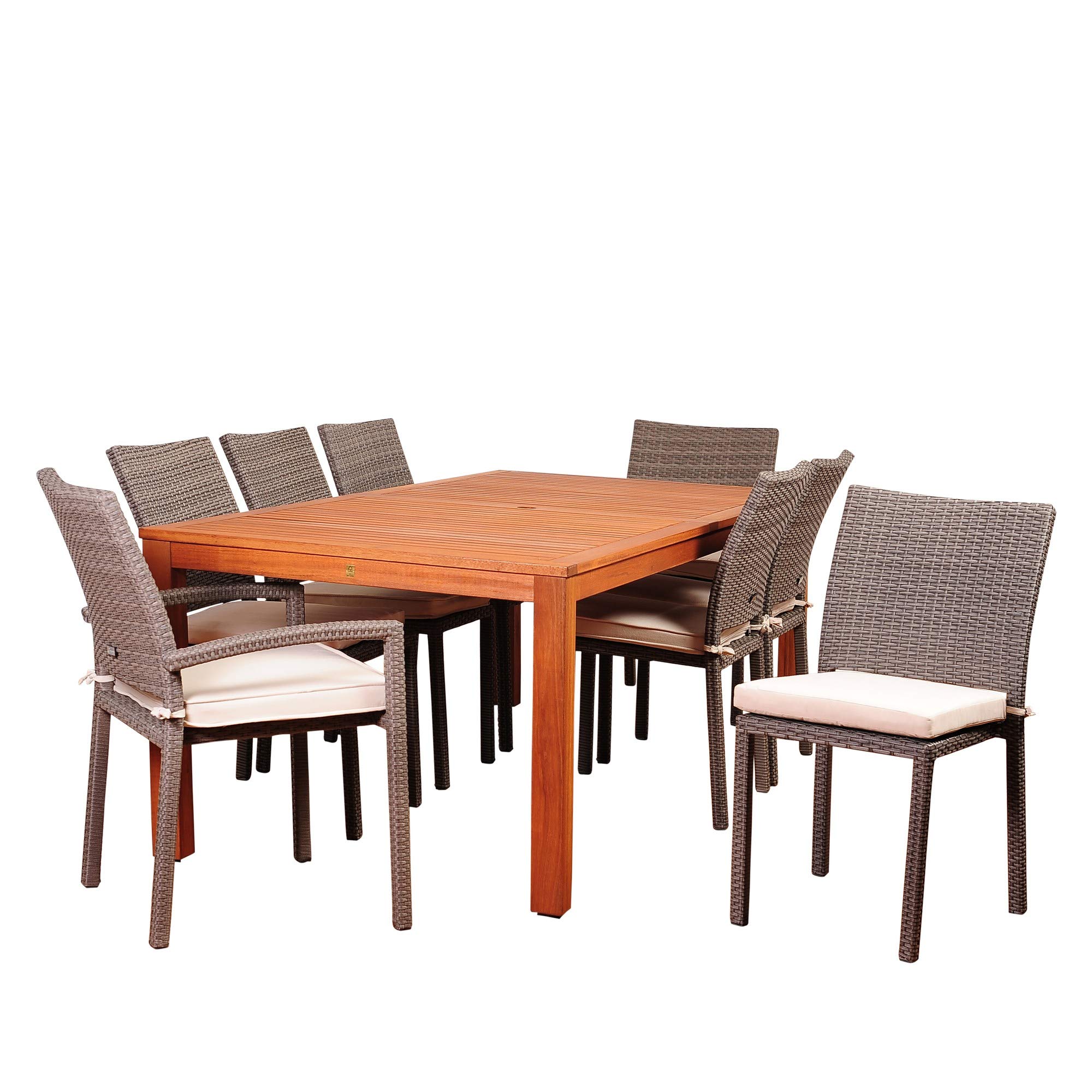 9-Piece Brown Vienna Eucalyptus Rectangular Outdoor Patio Dining Set with Off-White Cushions - 88